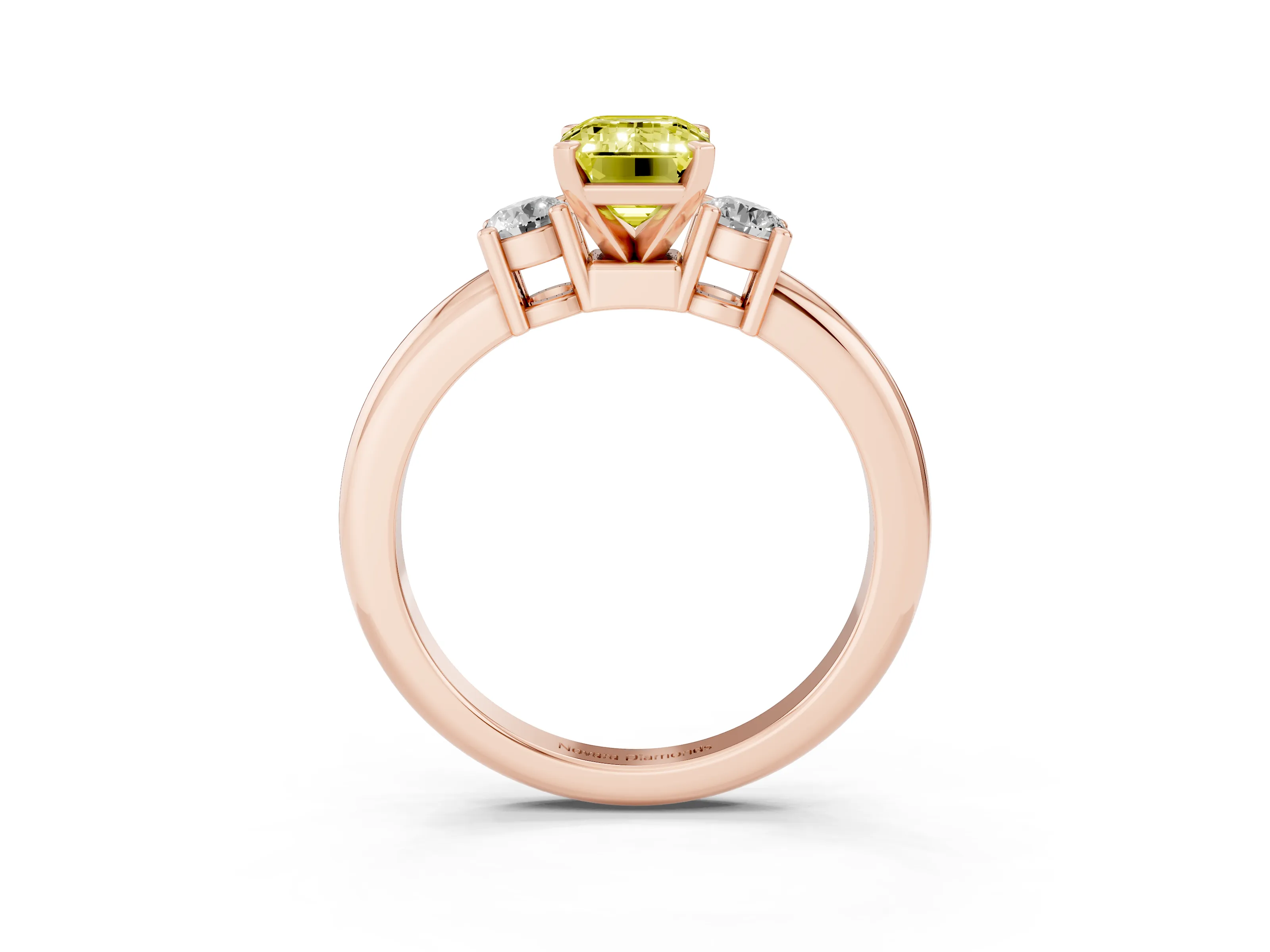 Fancy Yellow Three-Stone Emerald Cut Diamond Ring Set in Rose gold with Prong Setting and Plain Band