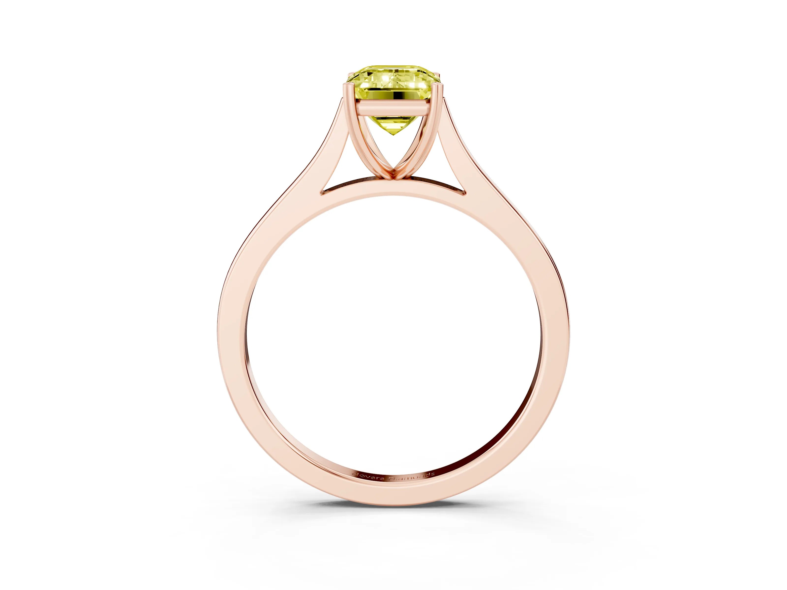 Fancy Yellow Emerald Cut Diamond Solitaire Heart Prong Engagement Ring Set in Rose gold with Tapered Band