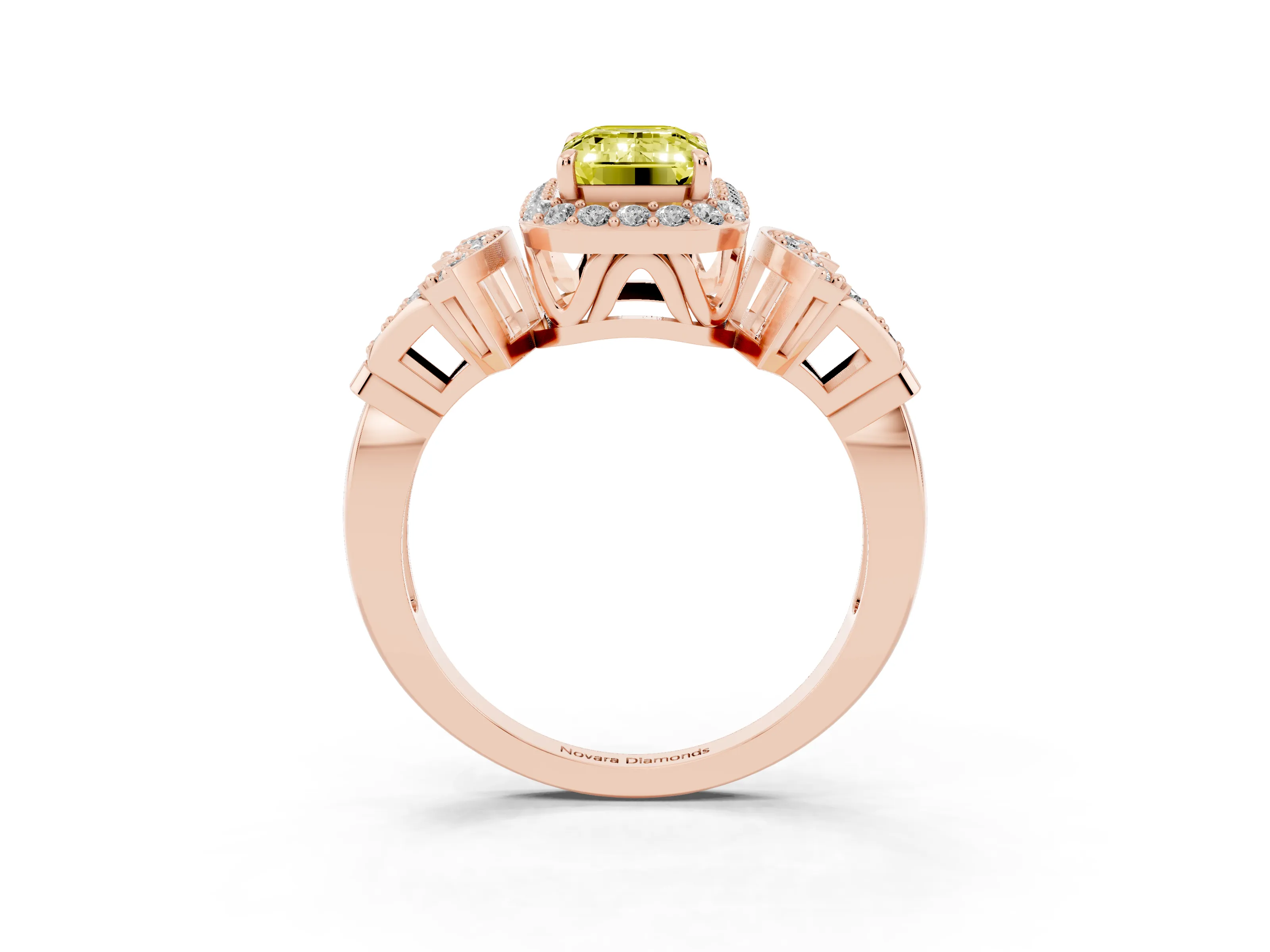 Fancy Yellow Emerald Cut Diamond Halo Engagement Ring Set in Rose gold with Accent Stone Split Shank