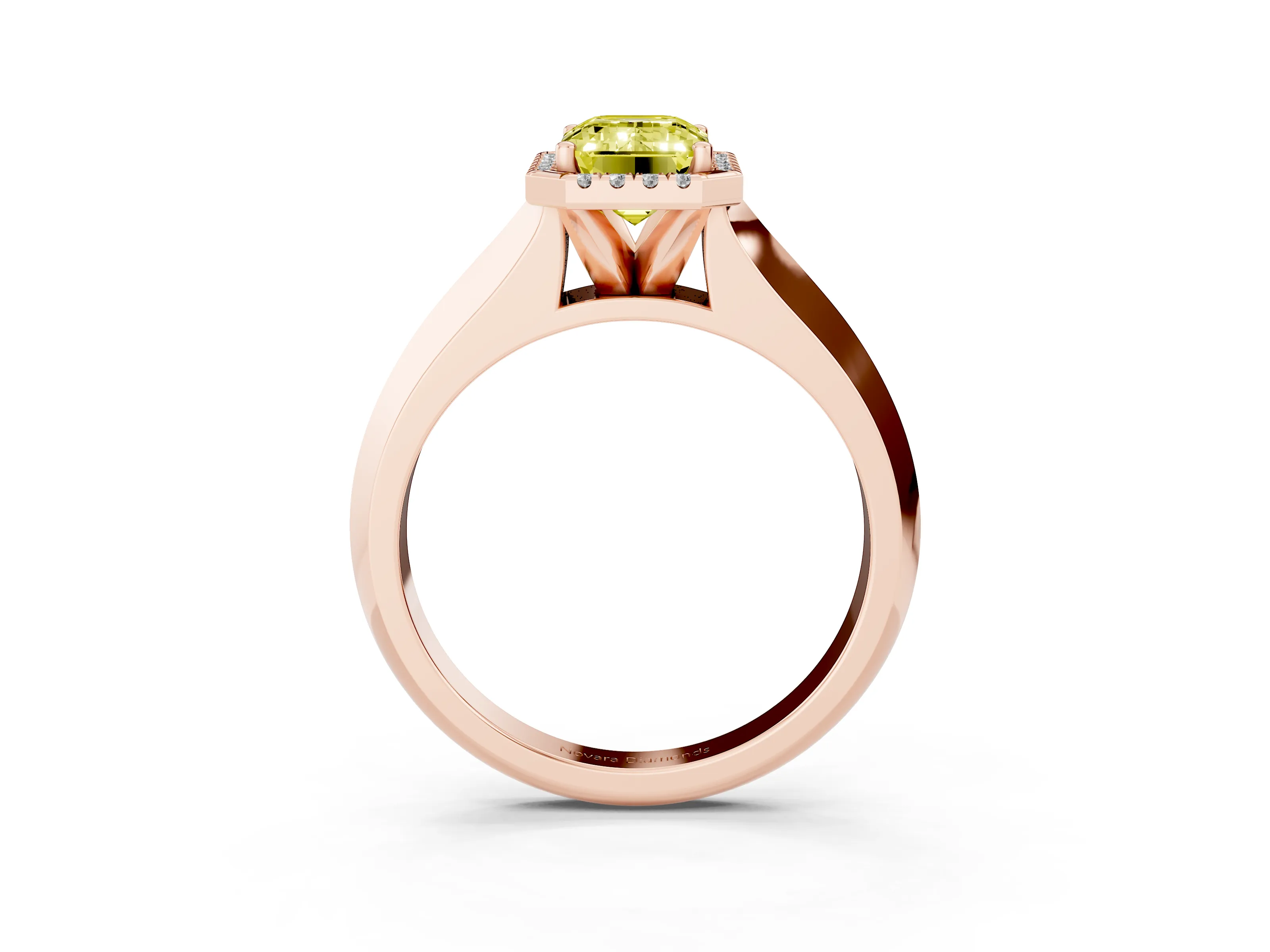 Fancy Yellow Emerald Cut Diamond Halo Ring Set in Rose gold with Cathedral Band and Prong Setting