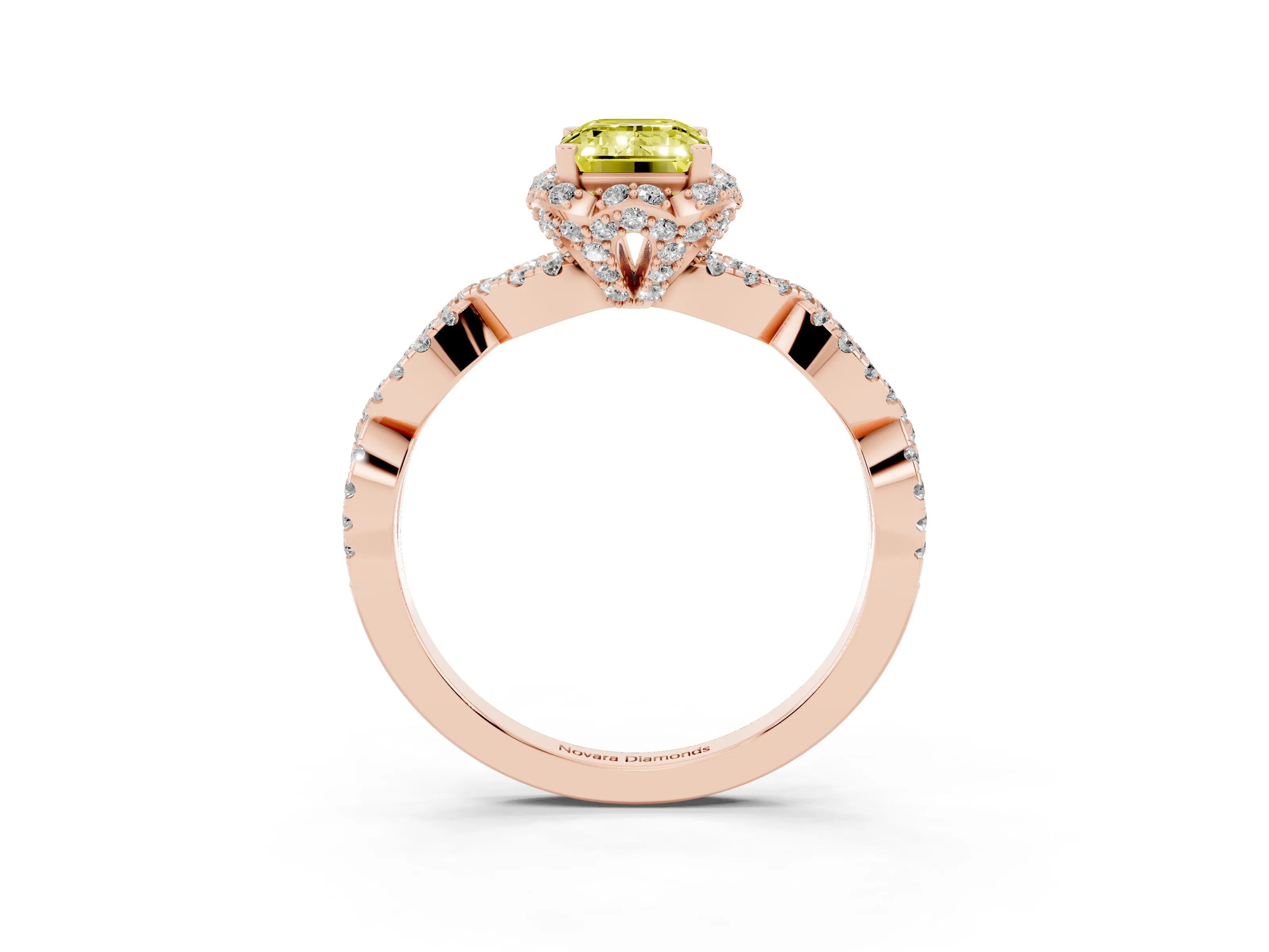 Fancy Yellow Emerald Cut Diamond Halo Twist Band Solitaire Ring Set in Rose gold with Prong-Set Center Stone