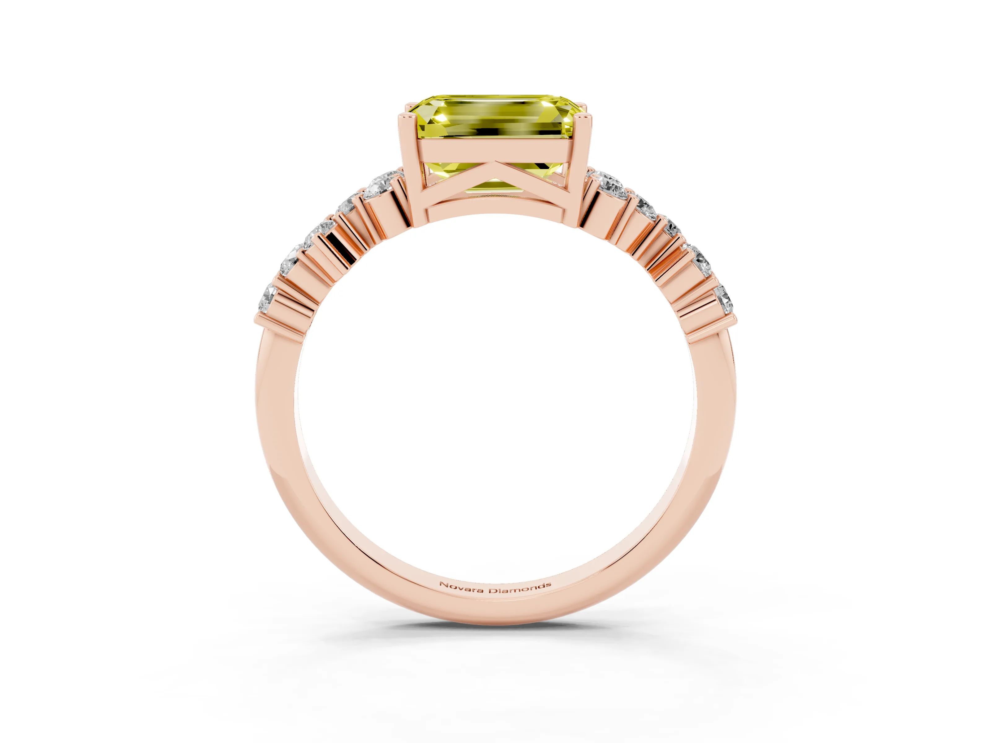 Fancy Yellow Emerald Cut Diamond Ring Set in Rose gold with Scattered Round Accents