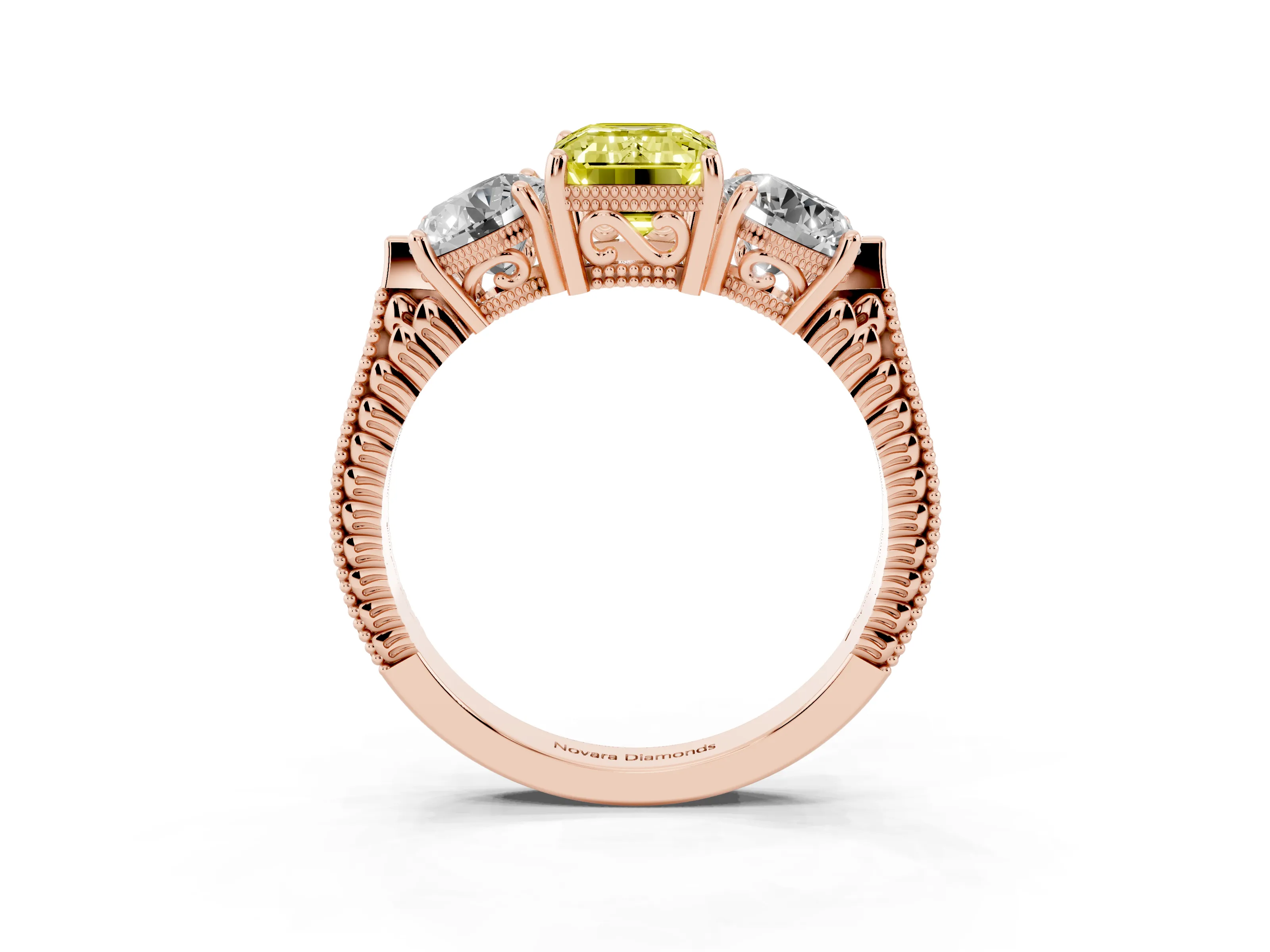 Fancy Yellow Emerald Cut Diamond Three-Stone Ring Set in Rose gold with Milgrain Band