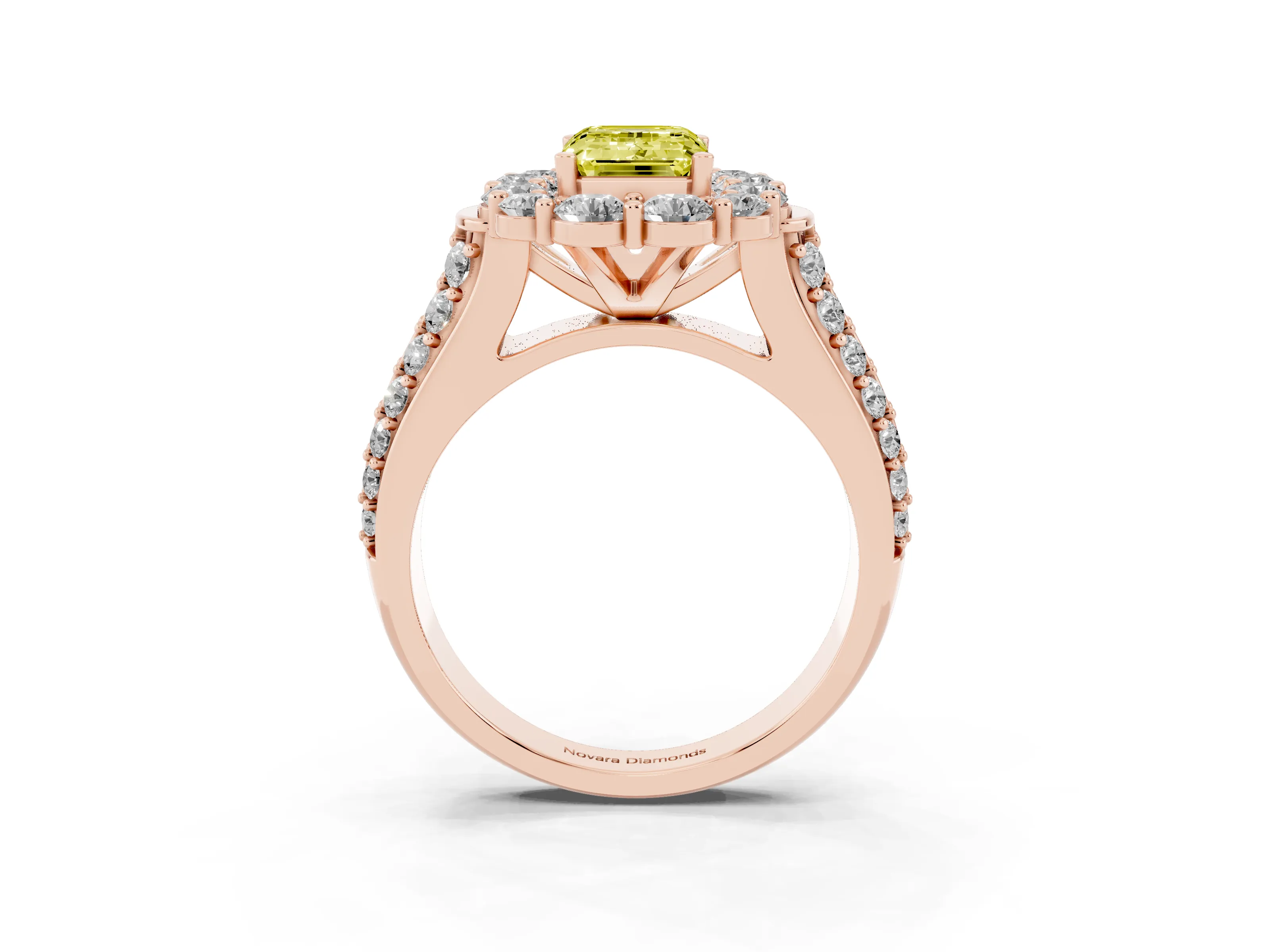 Fancy Yellow Emerald Cut Diamond Halo Engagement Ring Set in Rose gold with Split Shank and Prong Setting