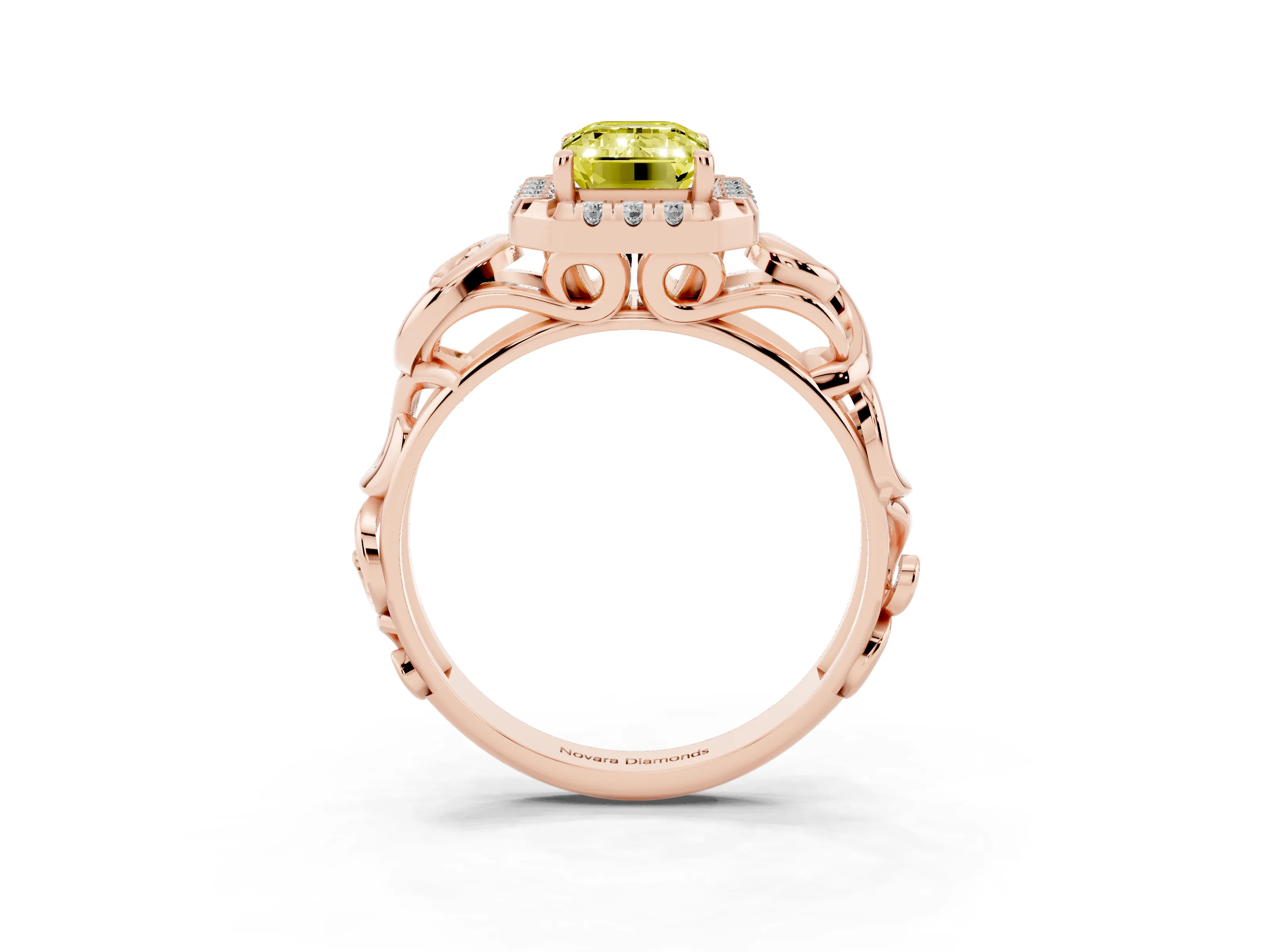 Fancy Yellow Emerald Cut Diamond Halo Ring Set in Rose gold with Scrollwork Band and Prong Setting