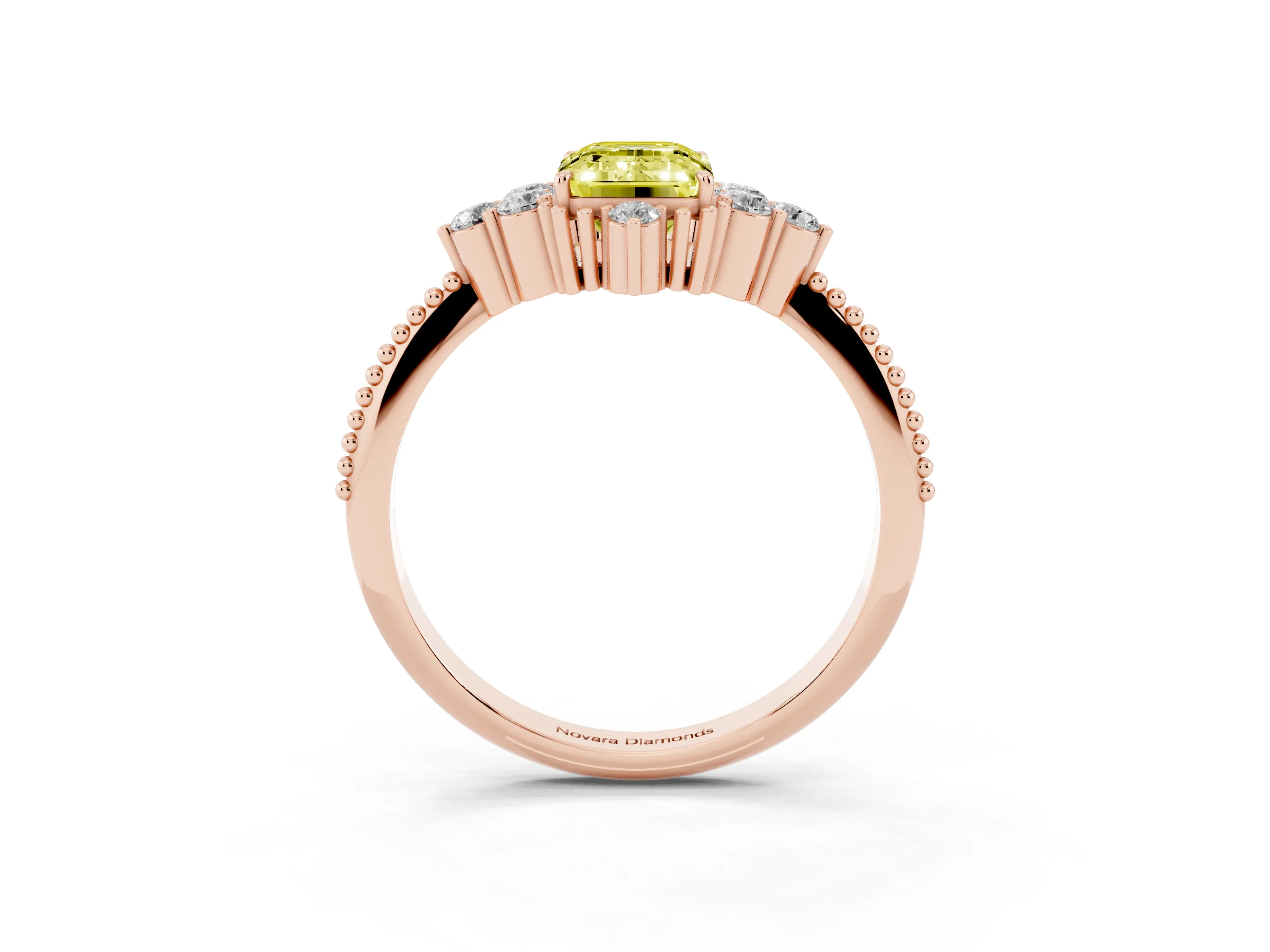Fancy Yellow Emerald Cut Diamond Cluster Ring Set in Rose gold with Beaded Band