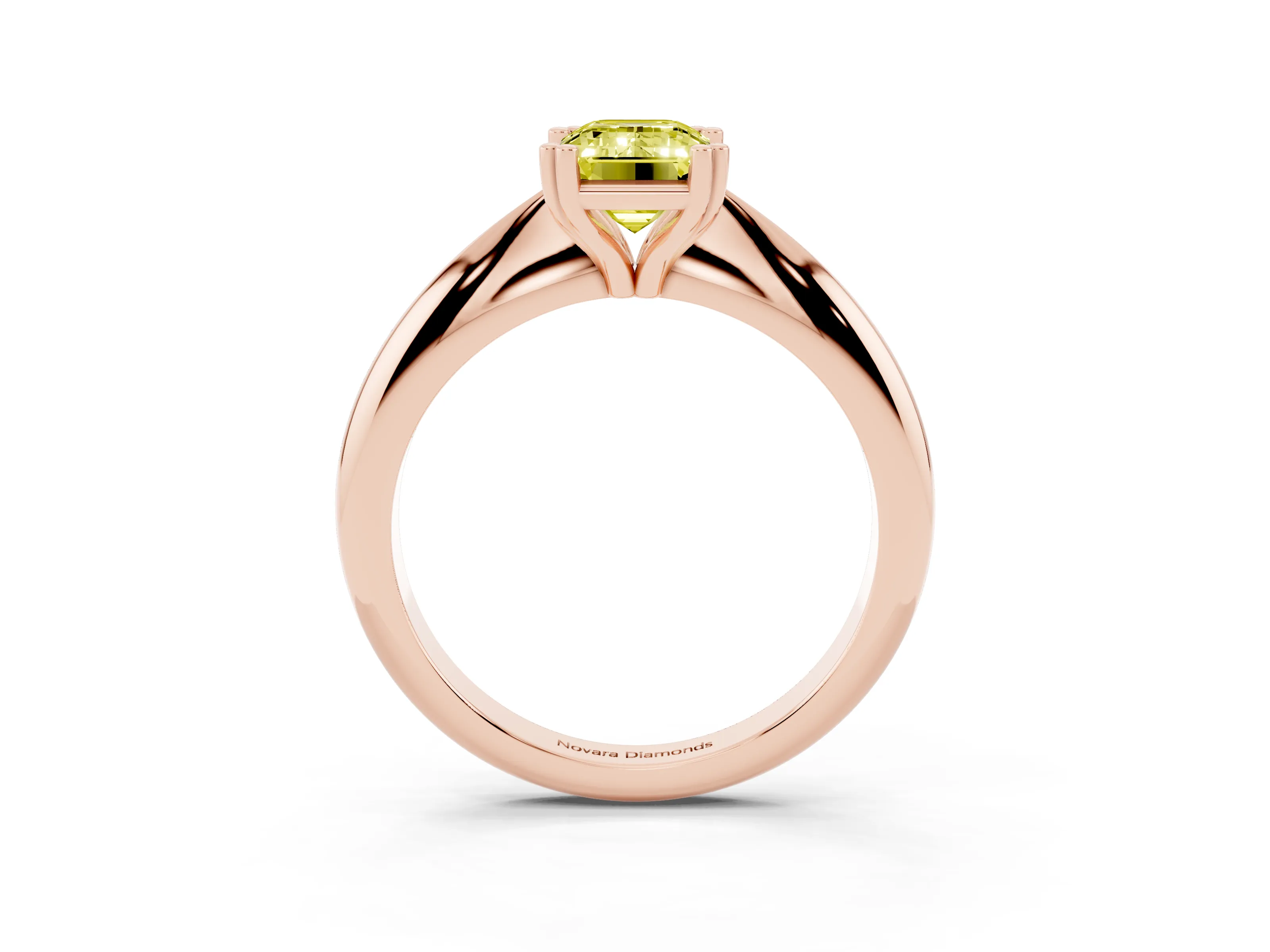 Fancy Yellow Emerald Cut Diamond Solitaire Engagement Ring Set in Rose gold with Tapered Band and Prong Setting
