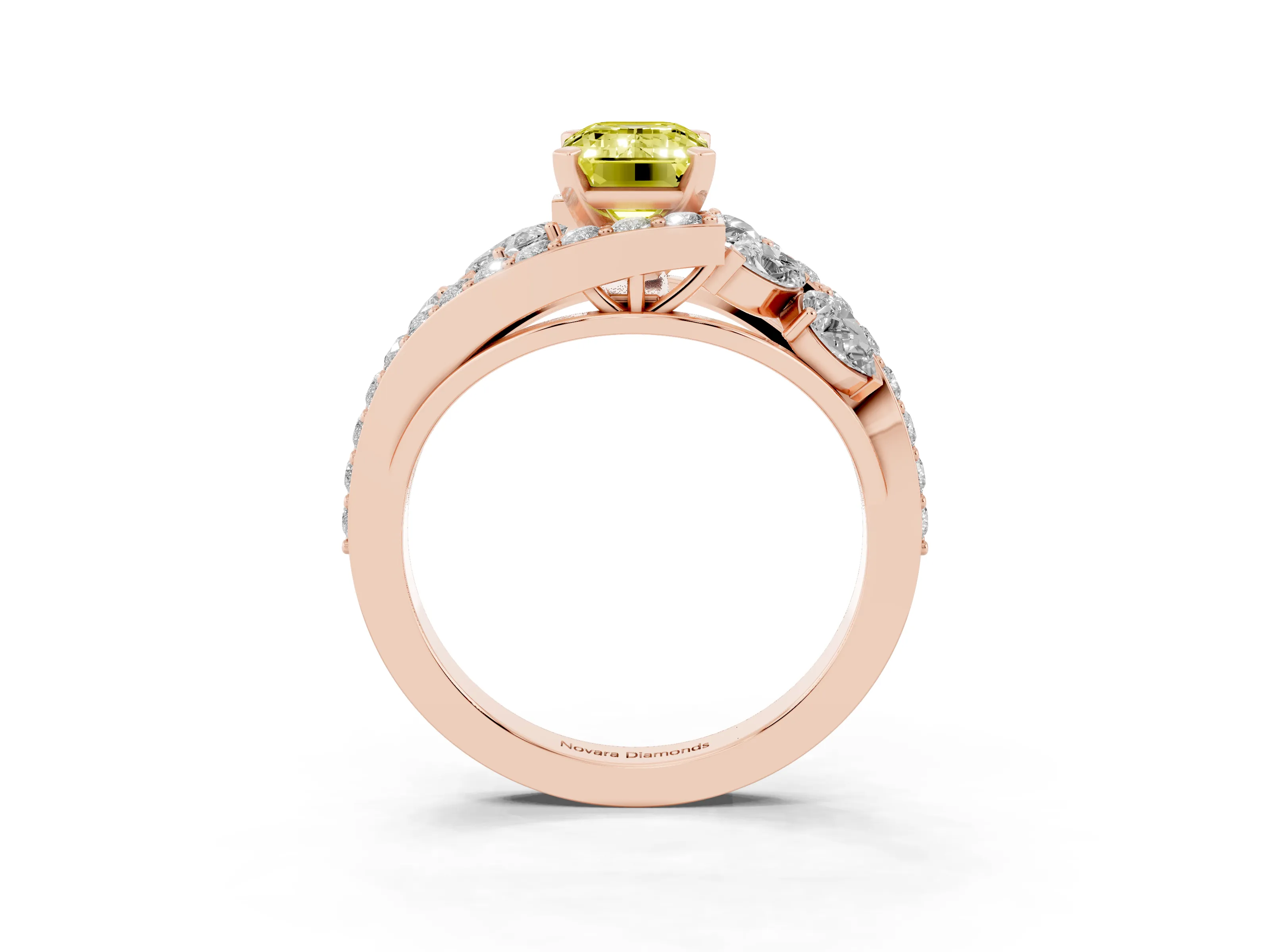 Fancy Yellow Emerald Cut Diamond Halo Ring Set in Rose gold with Marquise and Pavé Band in Prong Setting