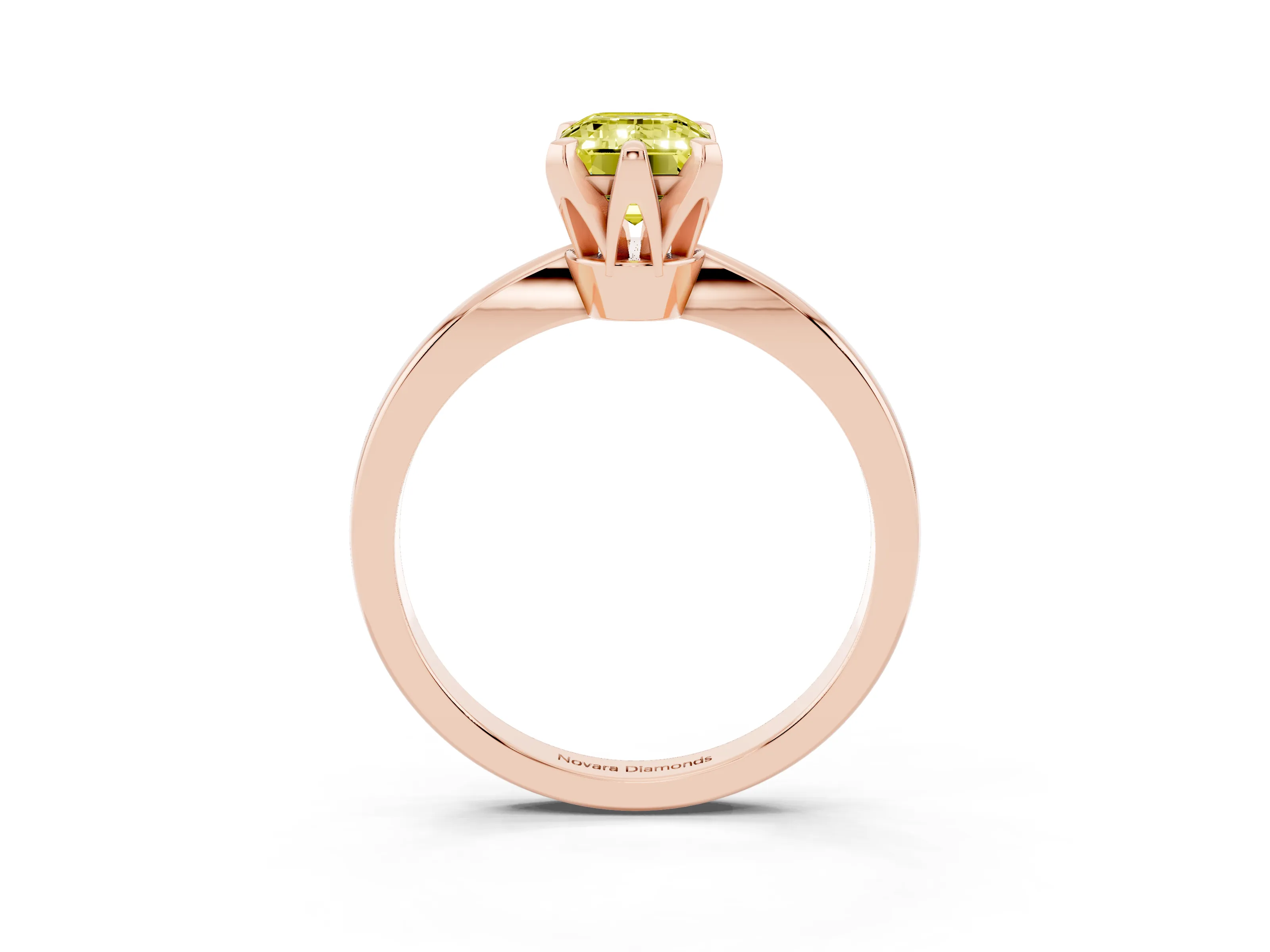 Fancy Yellow Emerald Cut Diamond Solitaire Engagement Ring Set in Rose gold with Slim Tapered Solitaire Band