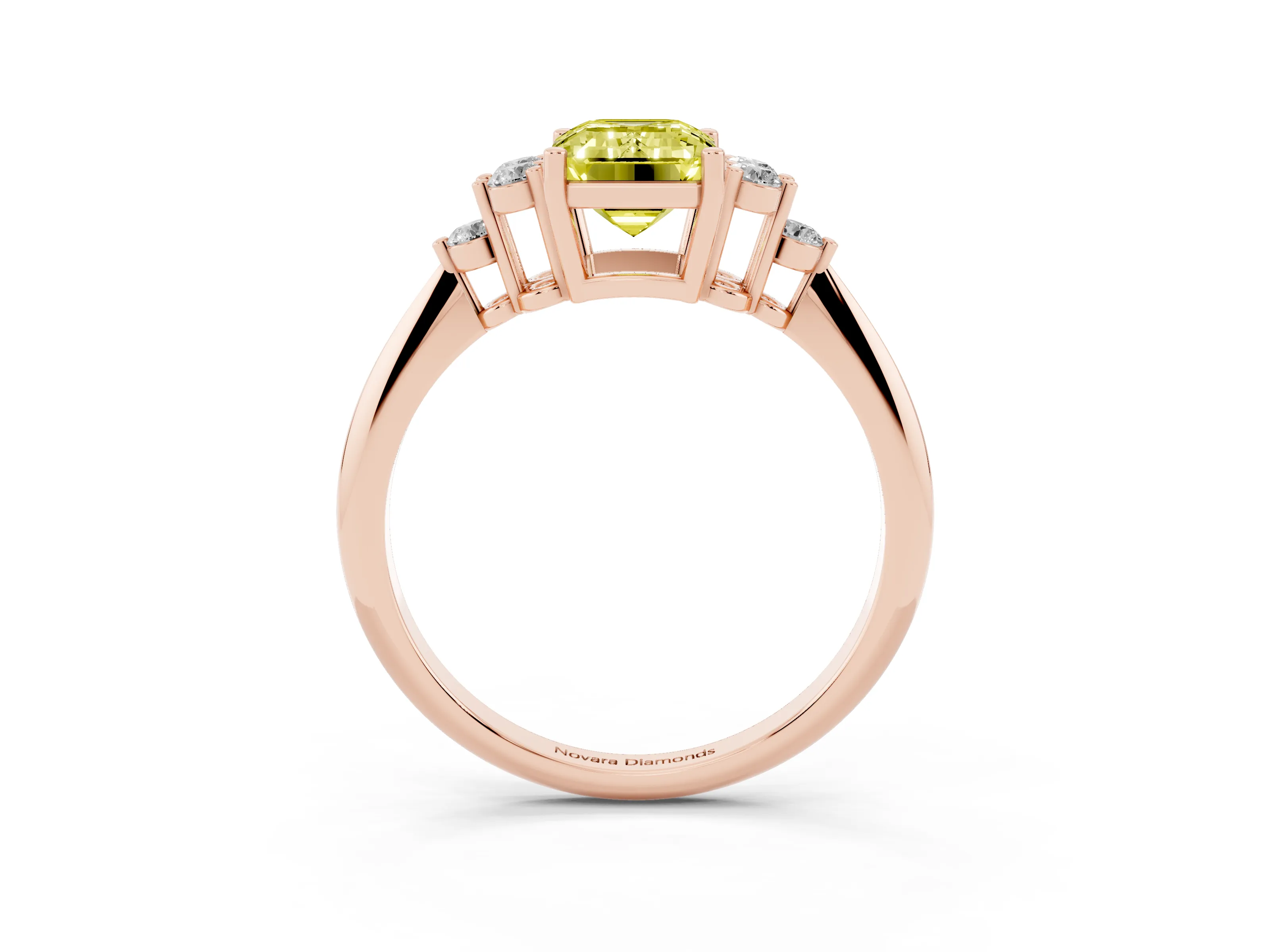 Fancy Yellow Emerald Cut Diamond Cluster Ring Set in Rose gold with Plain Band and Prong Setting