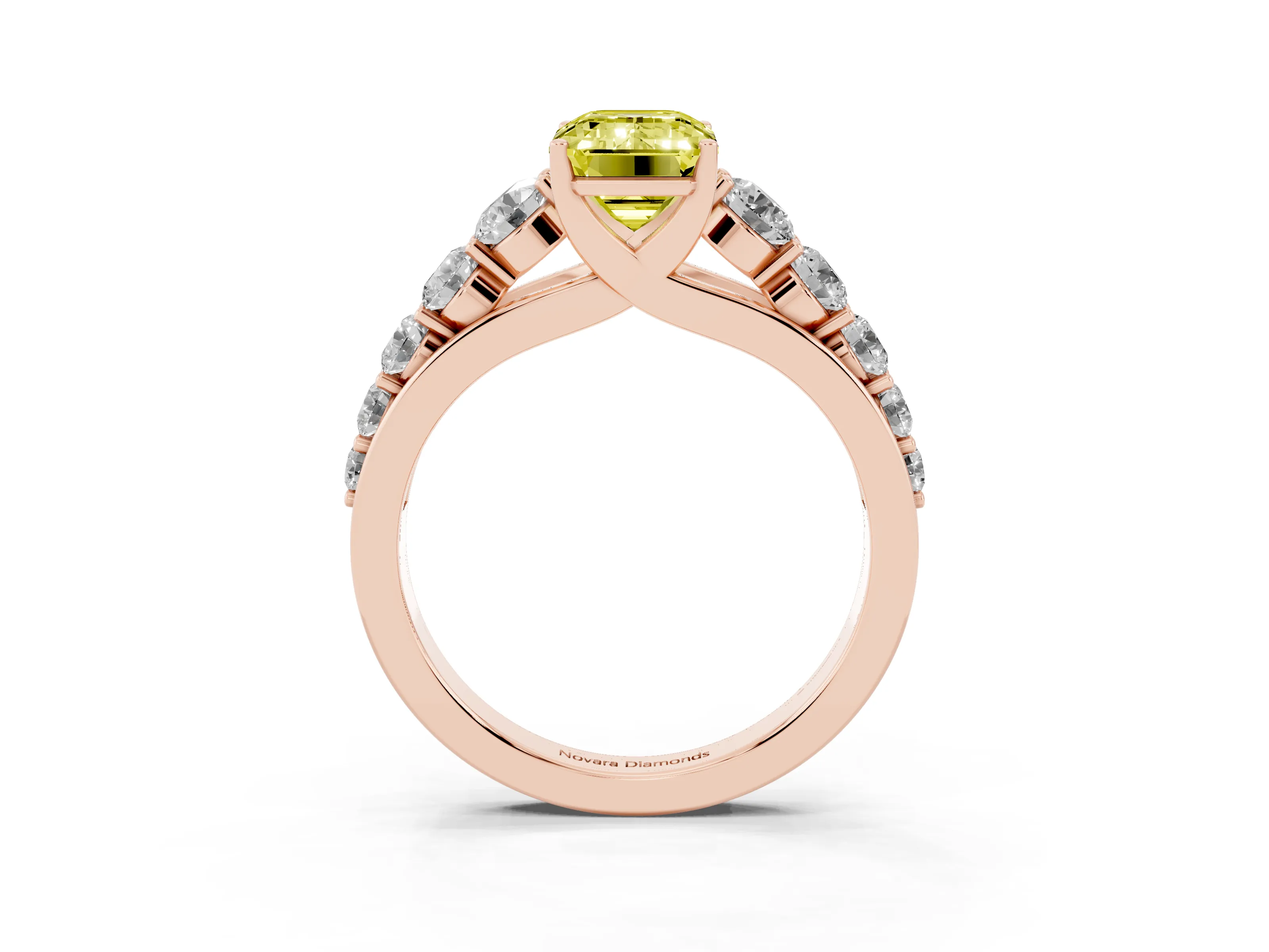 Fancy Yellow Emerald Cut Diamond Solitaire Ring Set in Rose gold with Pavé-Set Band and Prong Setting