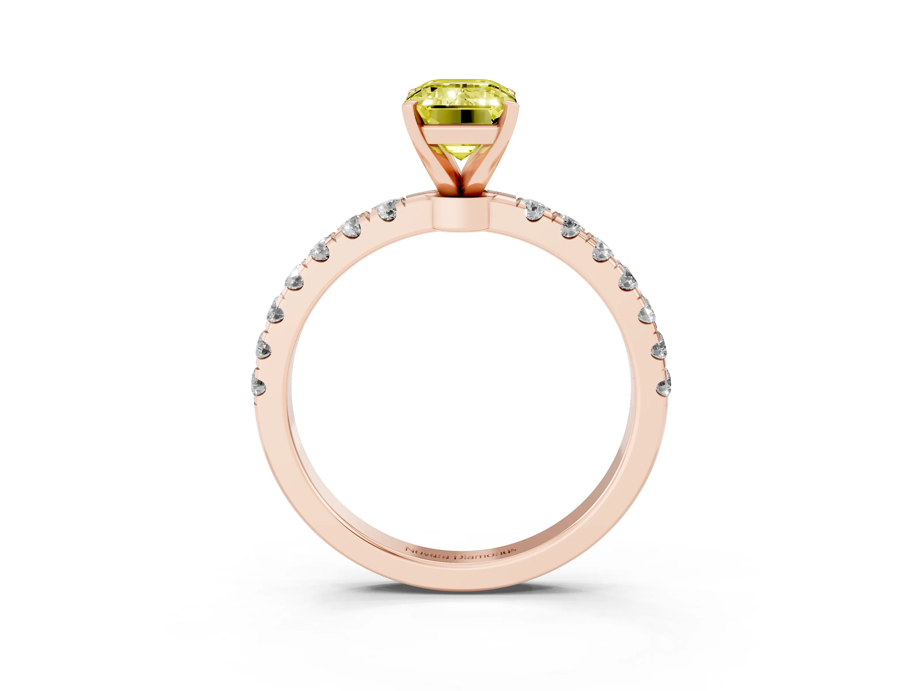 Fancy Yellow Emerald Cut Diamond Solitaire Ring Set in Rose gold with Pavé Accents and Prong Setting