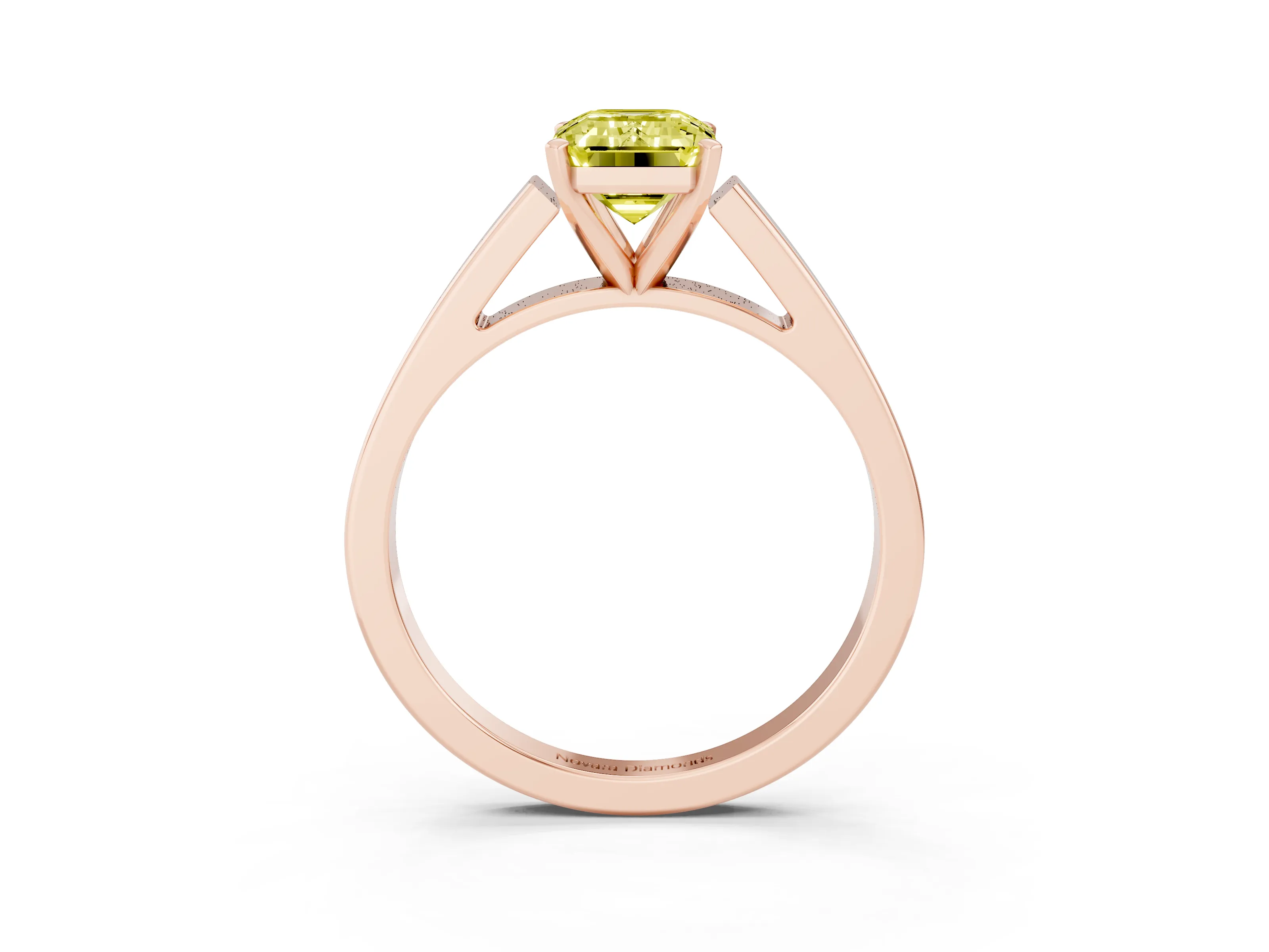 Fancy Yellow Emerald Cut Diamond Solitaire Engagement Ring Set in Rose gold with Prong Setting and Tapered Band