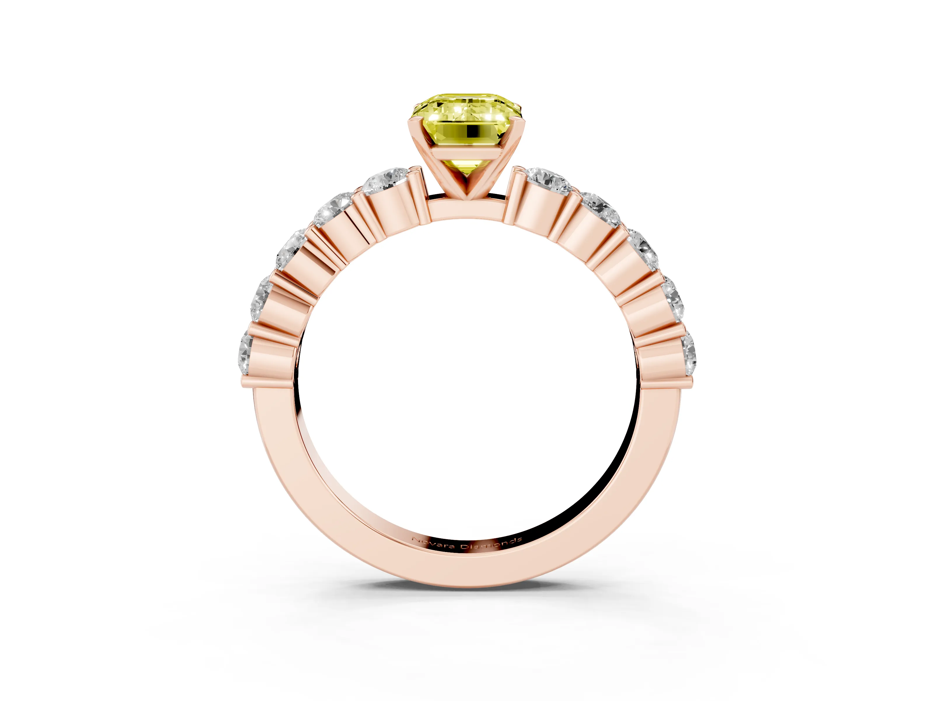Fancy Yellow Emerald Cut Diamond Solitaire Ring Set in Rose gold with Shared Prong Round Side Stones