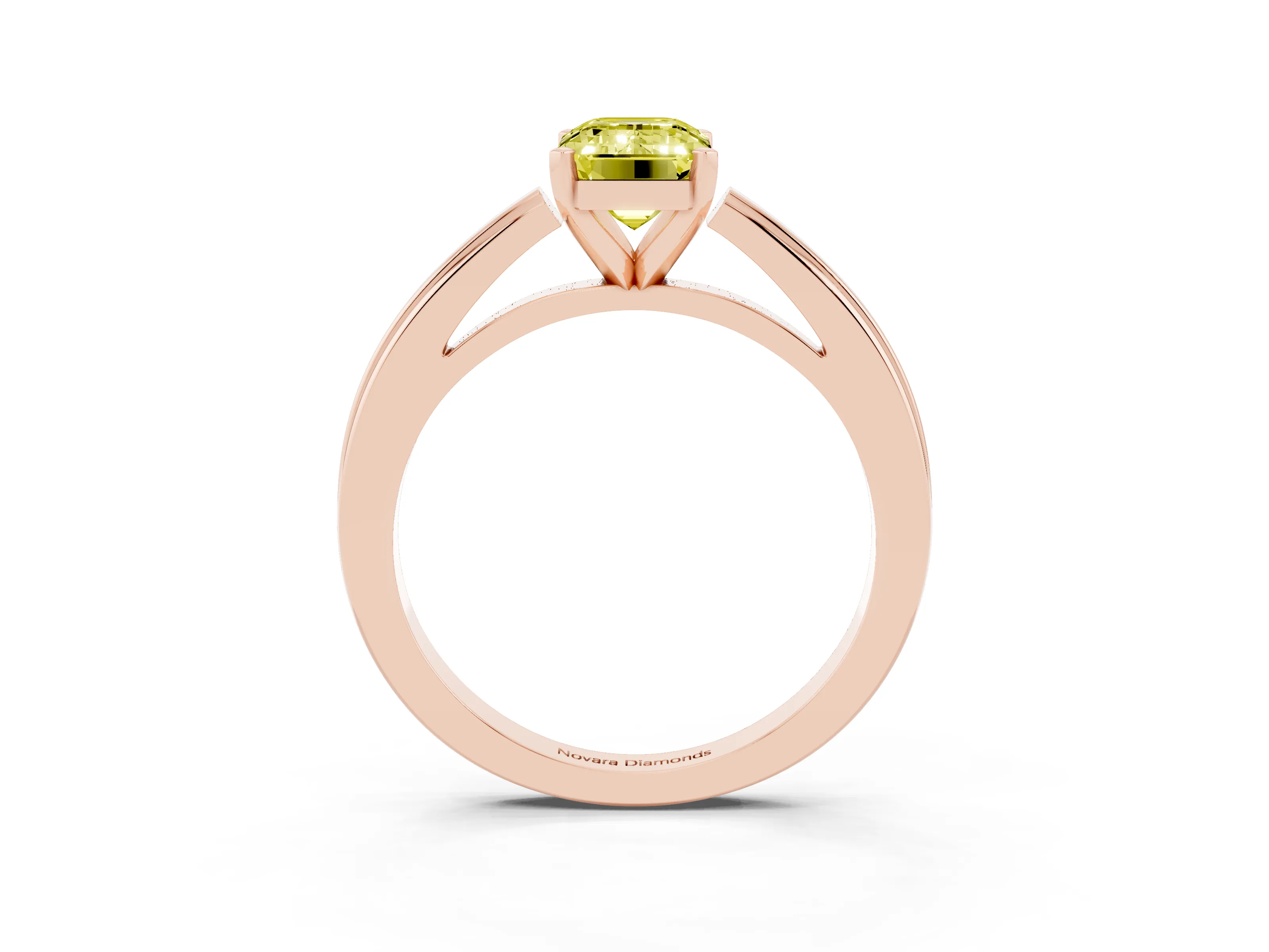 Fancy Yellow Emerald Cut Diamond Solitaire Ring Set in Rose gold with Prong Setting and Classic Band
