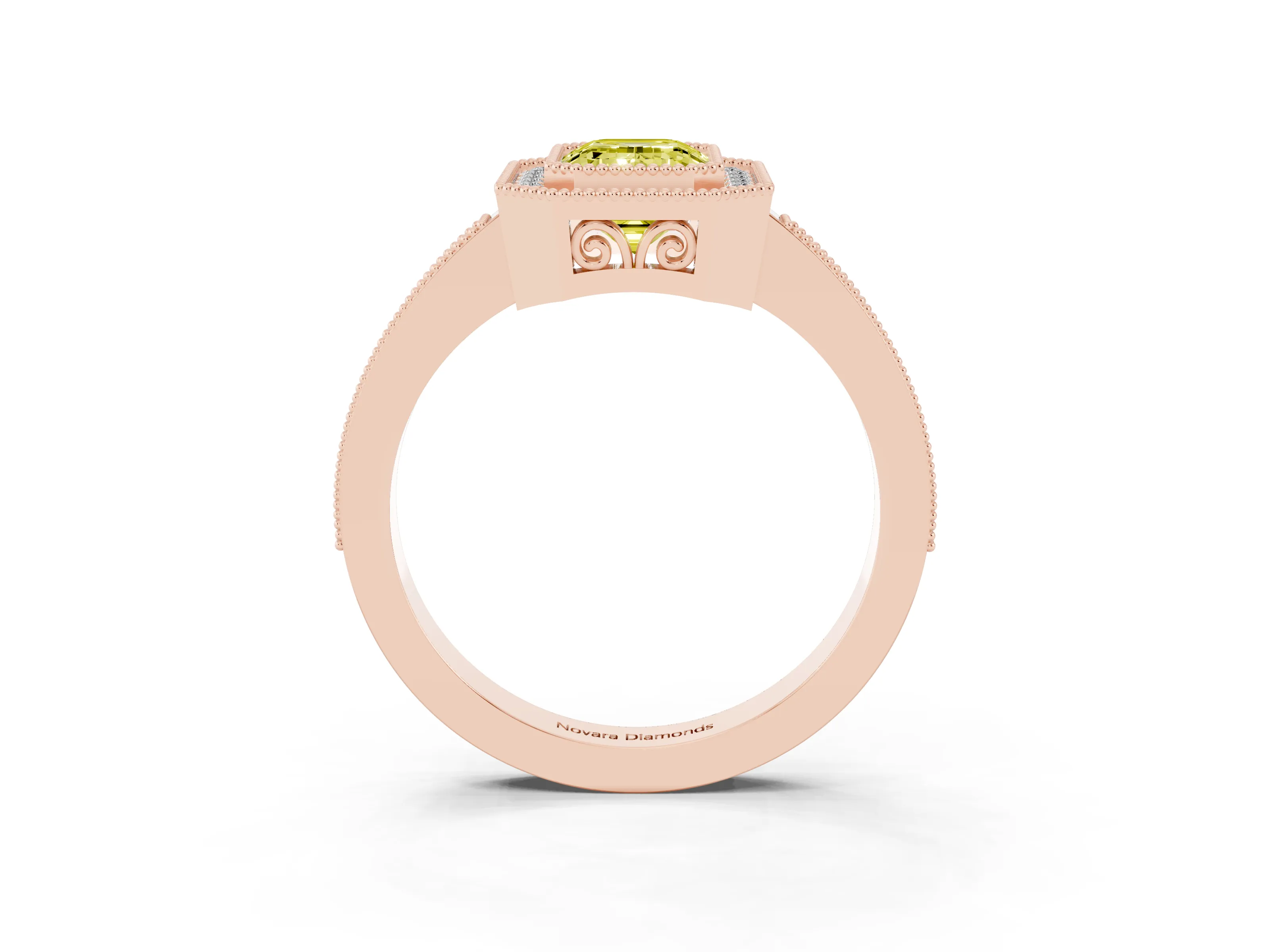 Fancy Yellow Emerald Cut Diamond Halo Ring Set in Rose gold with Pavé Band and Milgrain-Edged Prongs