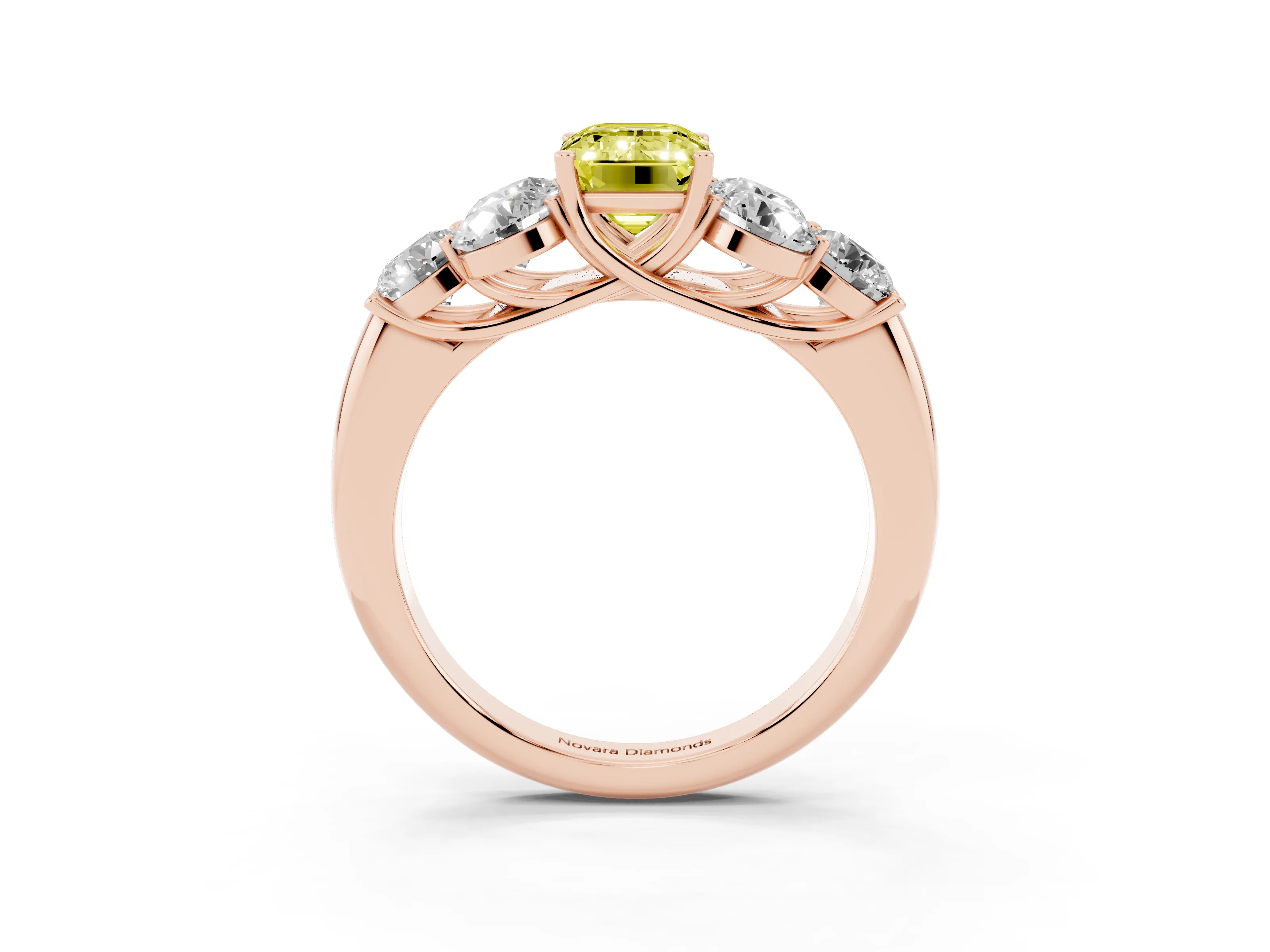 Fancy Yellow Emerald Cut Diamond Cluster Ring Set in Rose gold with Round Accent Stones and Prong Setting on a Plain Band