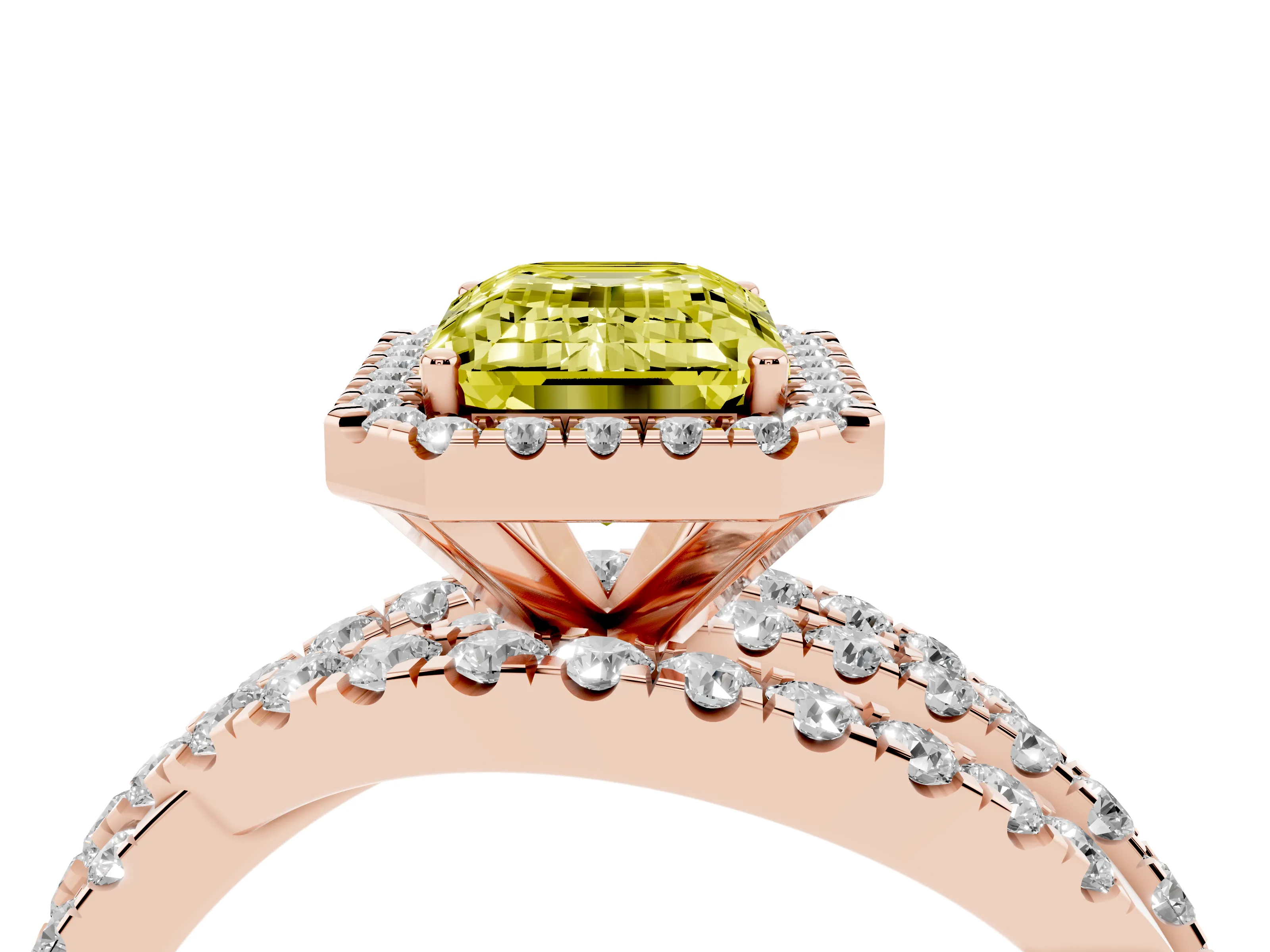 Fancy Yellow Emerald Cut Diamond Halo Ring Set in Rose gold with Round Crossover Split Shank and Prong Setting