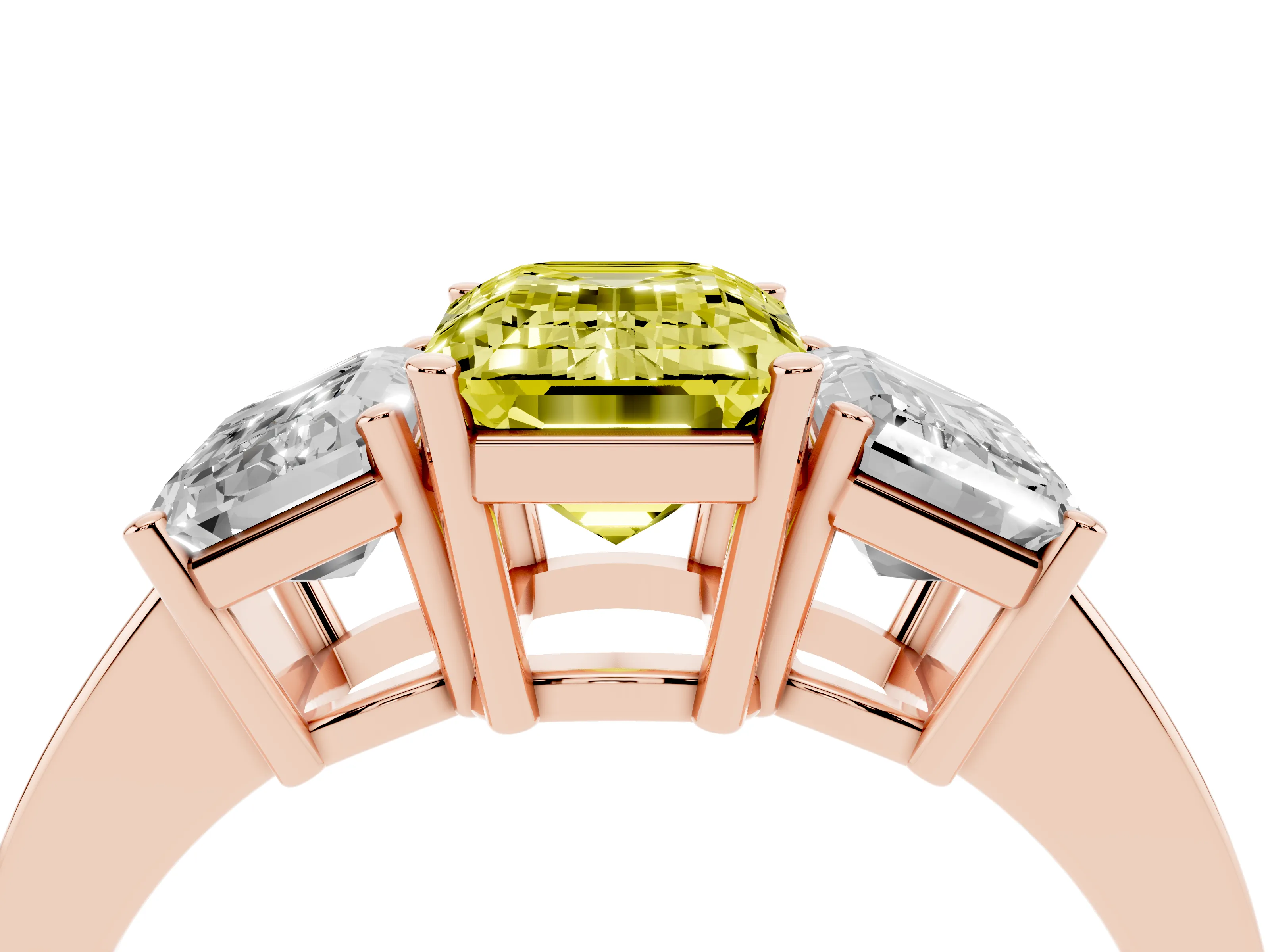 Fancy Yellow Emerald Cut Diamond Three-Stone Engagement Ring Set in Rose gold with Flat Band