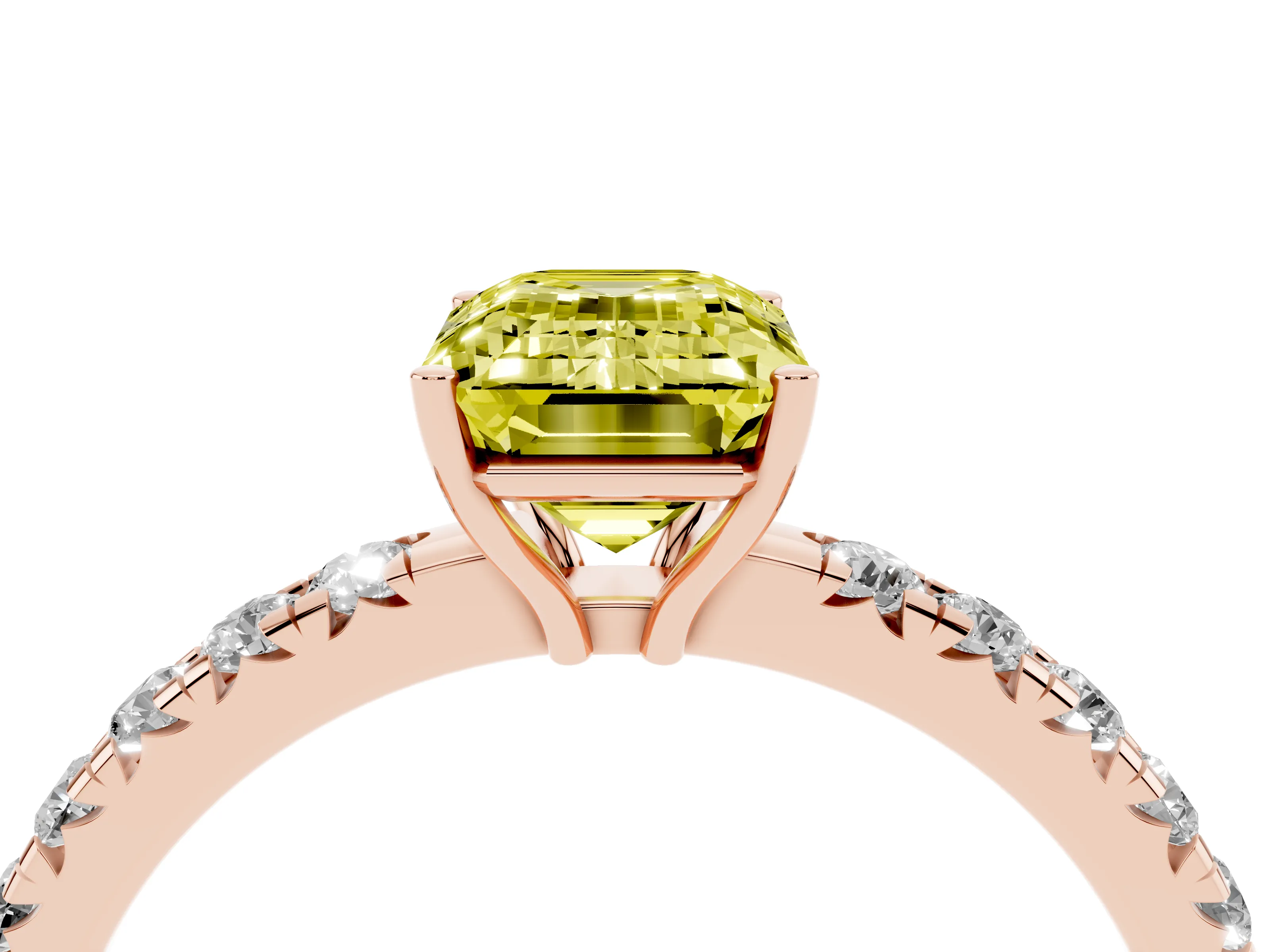 Fancy Yellow Emerald Cut Diamond Pavé Solitaire Engagement Ring Set in Rose gold with Prong Setting