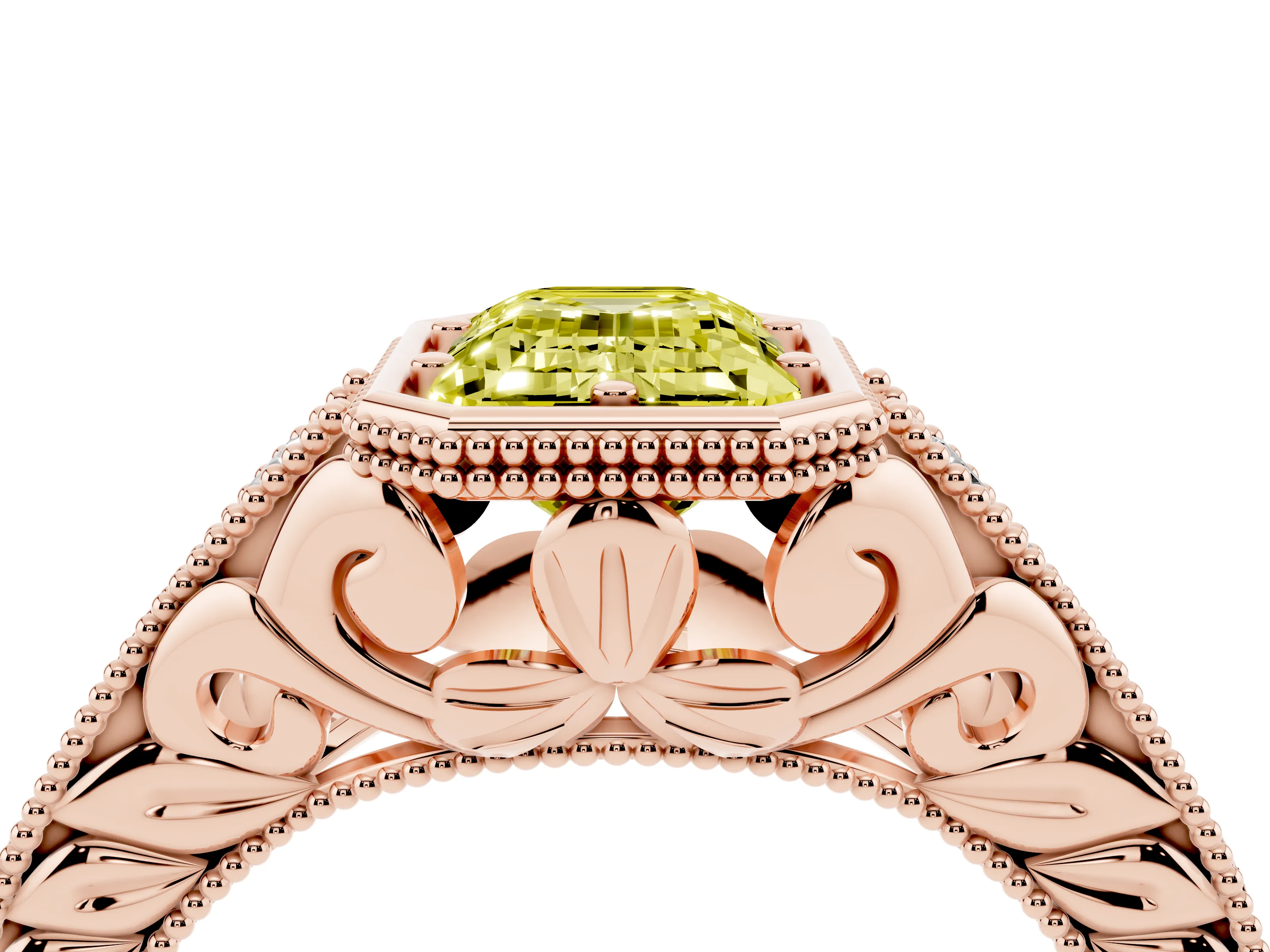 Fancy Yellow Bezel Set Emerald Cut Diamond Milgrain Pavé Engagement Ring Set in Rose gold