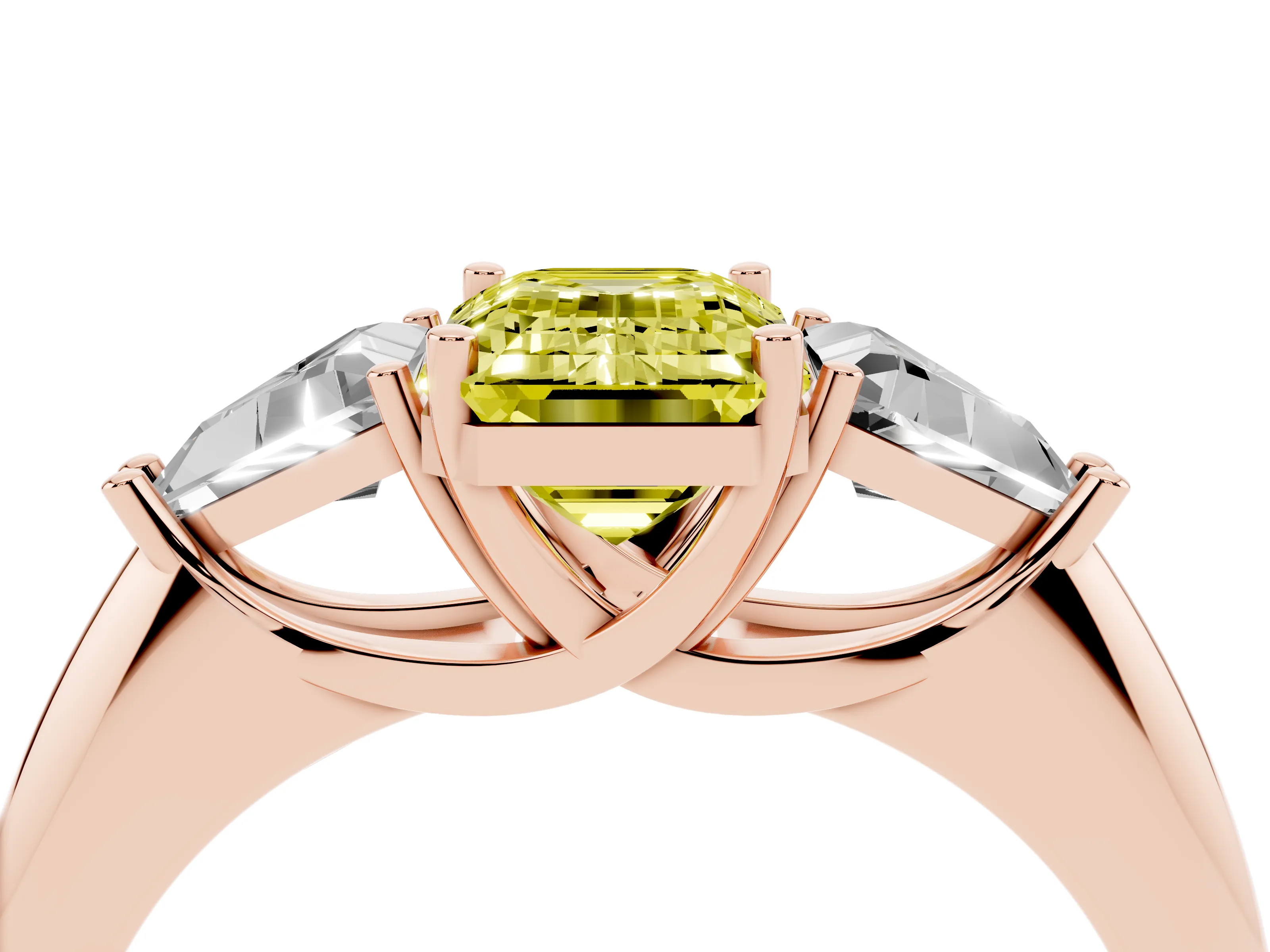Fancy Yellow Emerald Cut Diamond Three-Stone Engagement Ring Set in Rose gold with Trillion Side Stones