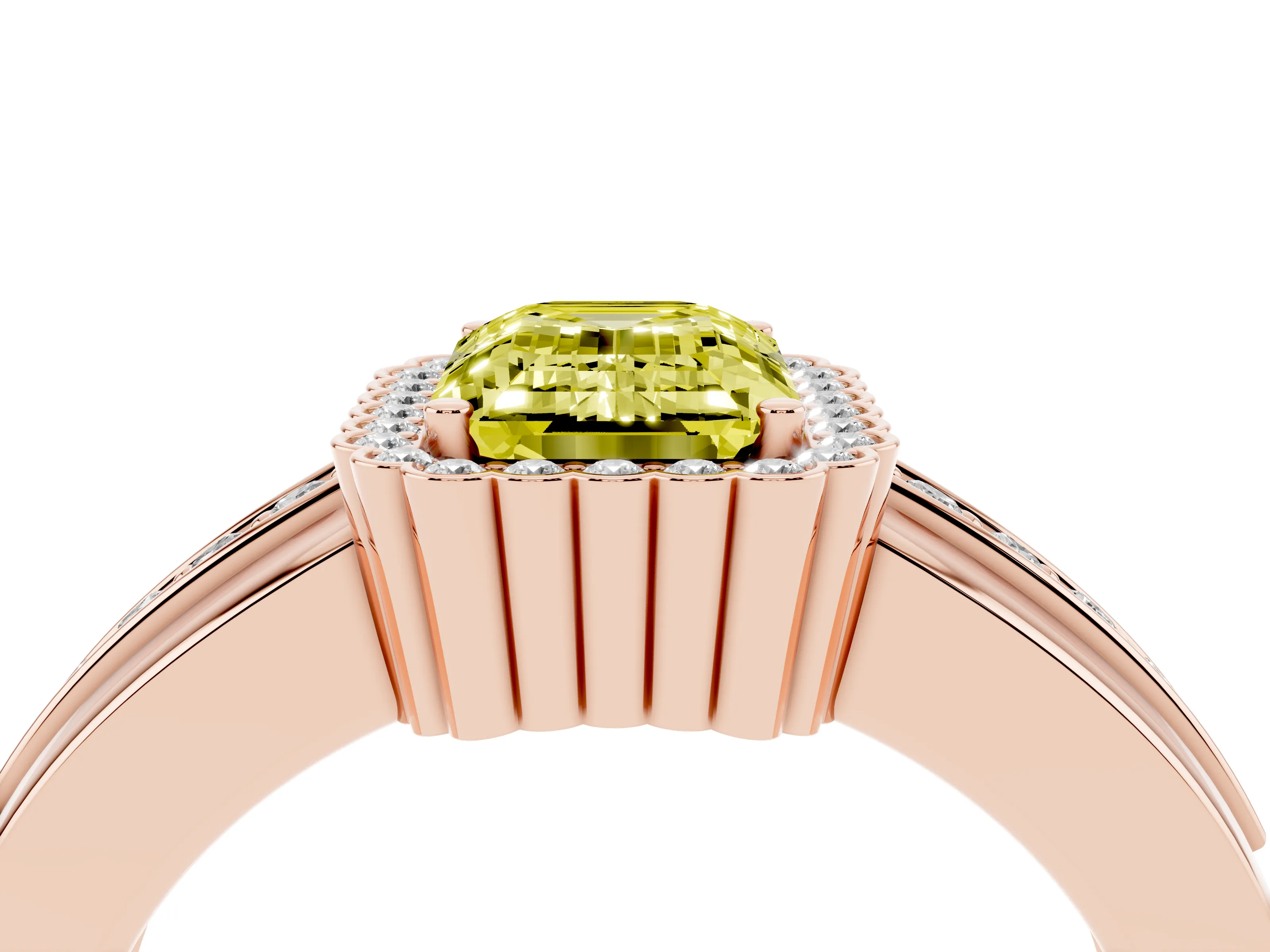 Fancy Yellow Emerald Cut Diamond Halo Prong Ring Set in Rose gold with Pavé Band