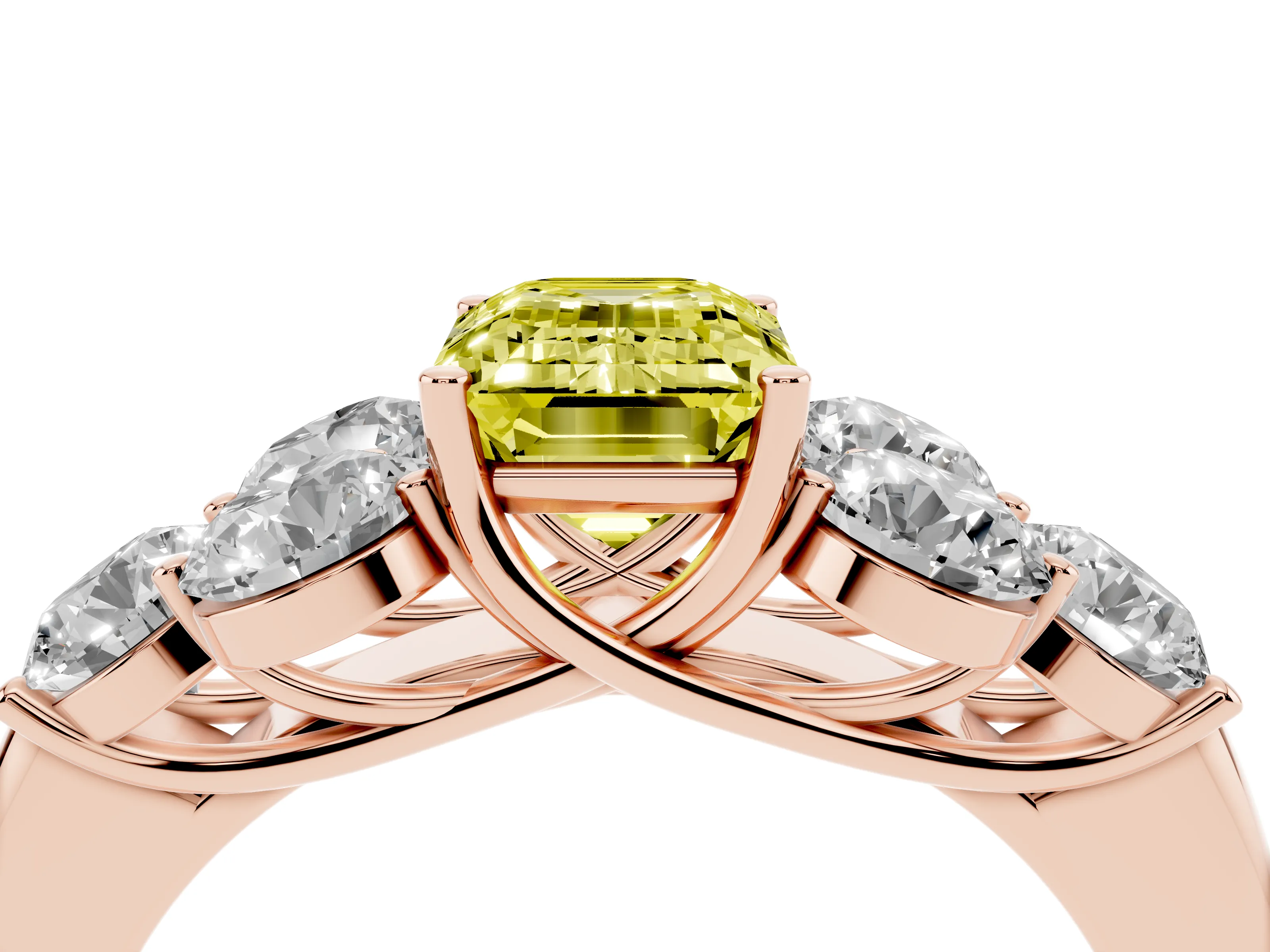 Fancy Yellow Emerald Cut Diamond Cluster Ring Set in Rose gold with Round Accent Stones and Prong Setting on a Plain Band