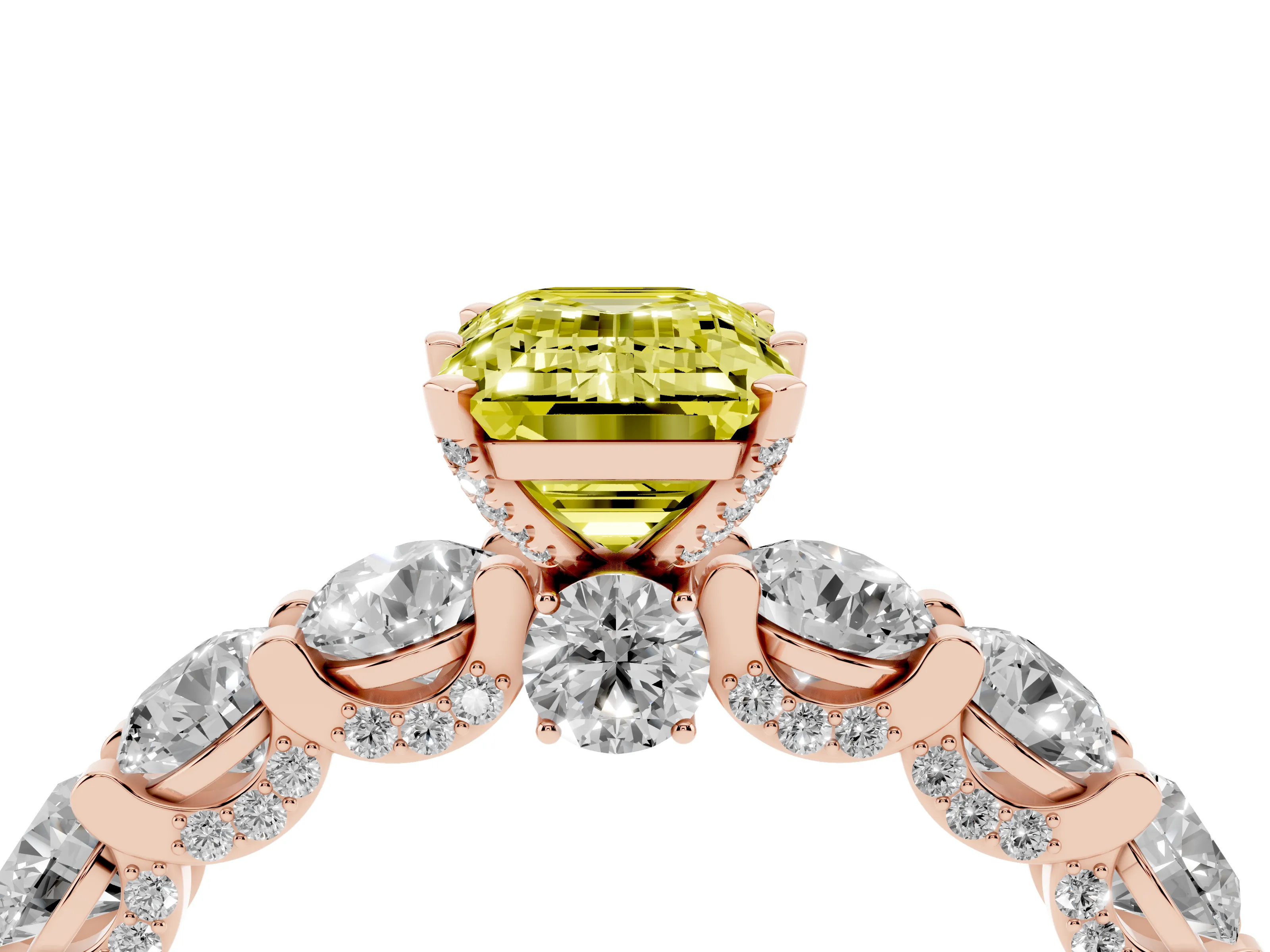 Fancy Yellow Emerald Cut Diamond Side Stone Ring Set in Rose gold with Alternating Round and Oval Side Stones