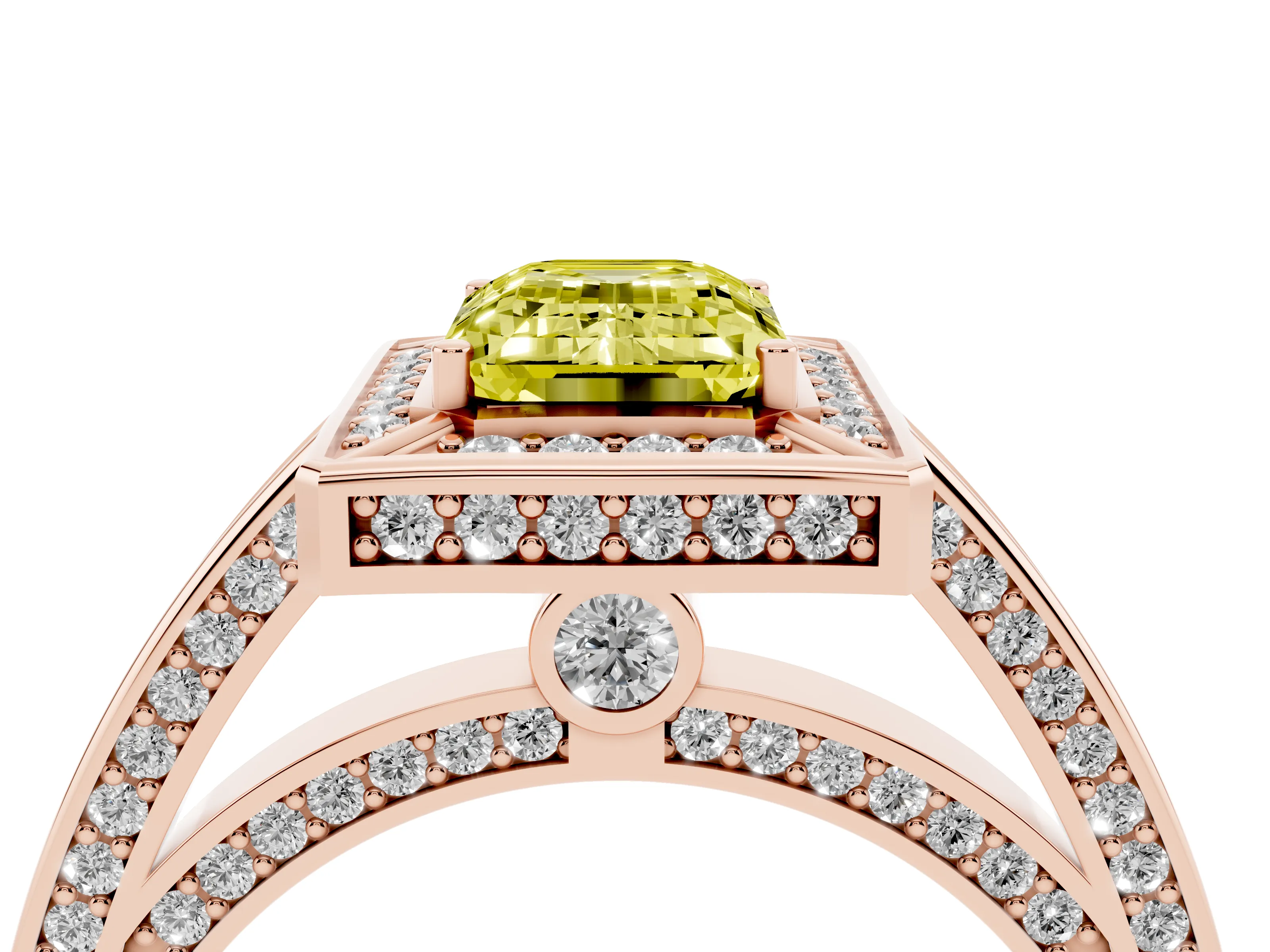 Fancy Yellow Emerald Cut Diamond Halo Pavé Split Shank Ring Set in Rose gold with Prong Setting