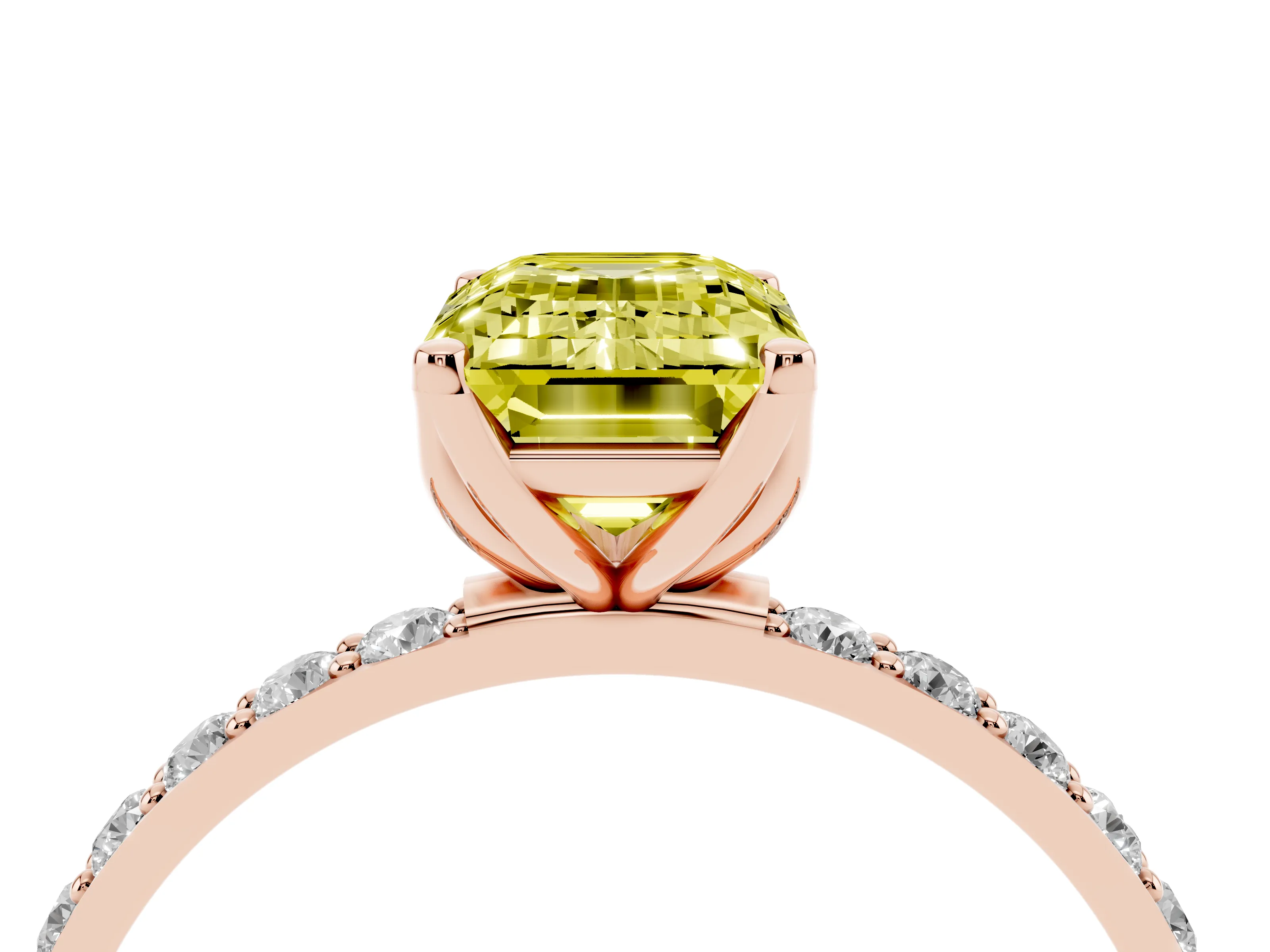 Fancy Yellow Emerald Cut Diamond Solitaire Engagement Ring Set in Rose gold with Round Pavé Band and Prong Setting