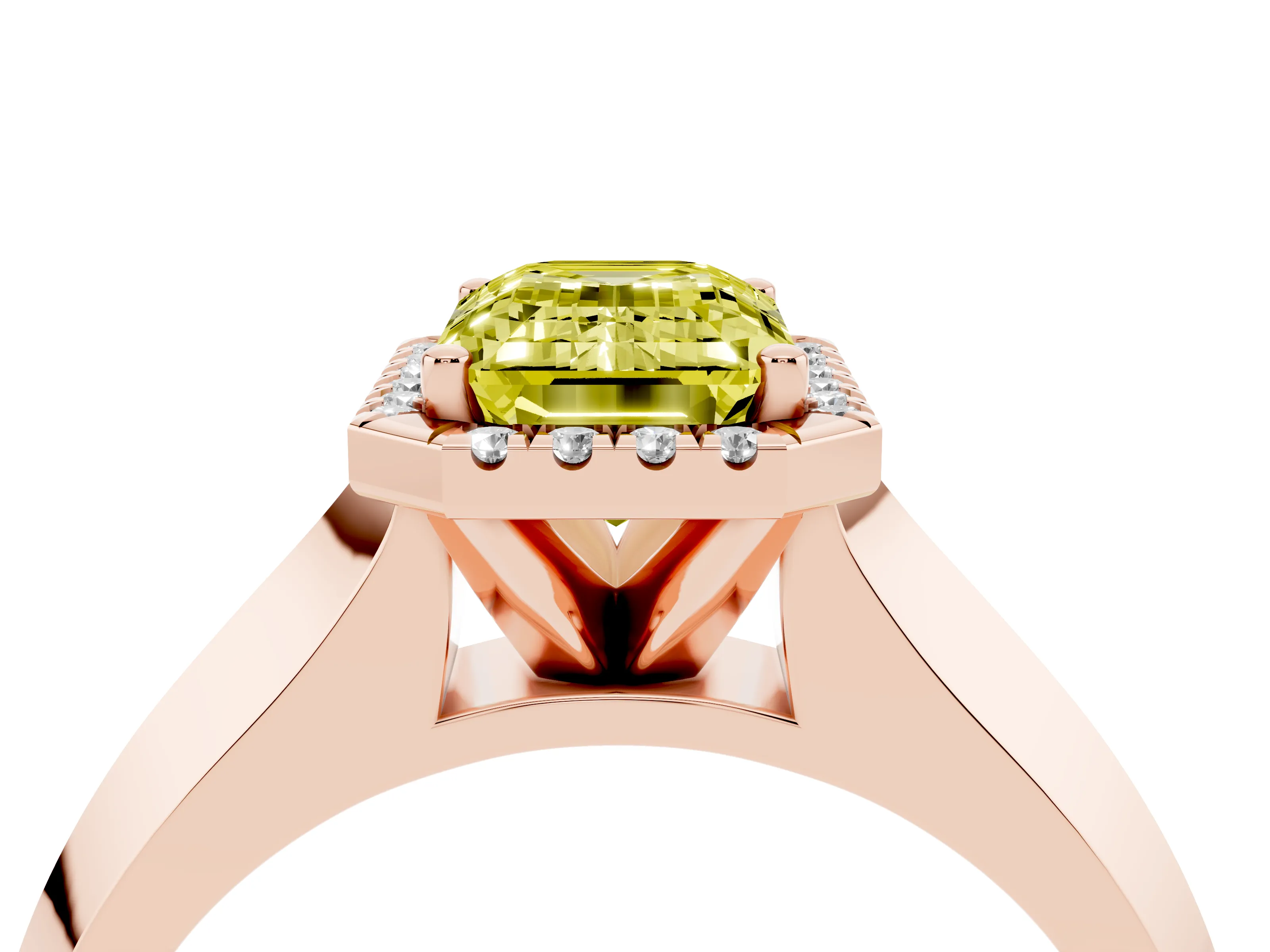 Fancy Yellow Emerald Cut Diamond Halo Ring Set in Rose gold with Cathedral Band and Prong Setting