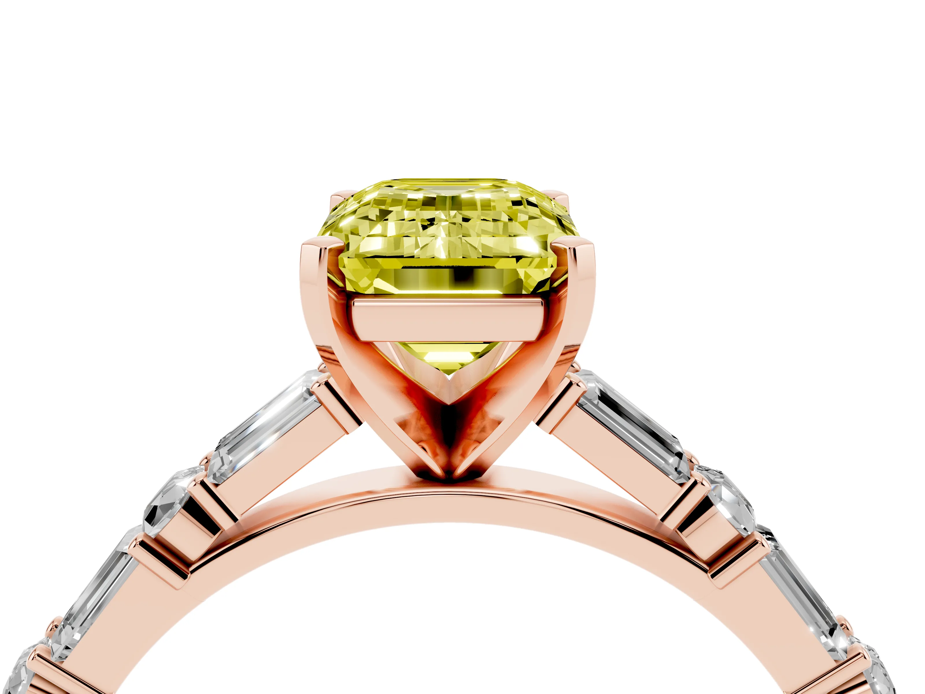 Fancy Yellow Emerald Cut Diamond Solitaire Set in Rose gold with Side Baguettes and Channel Set Band