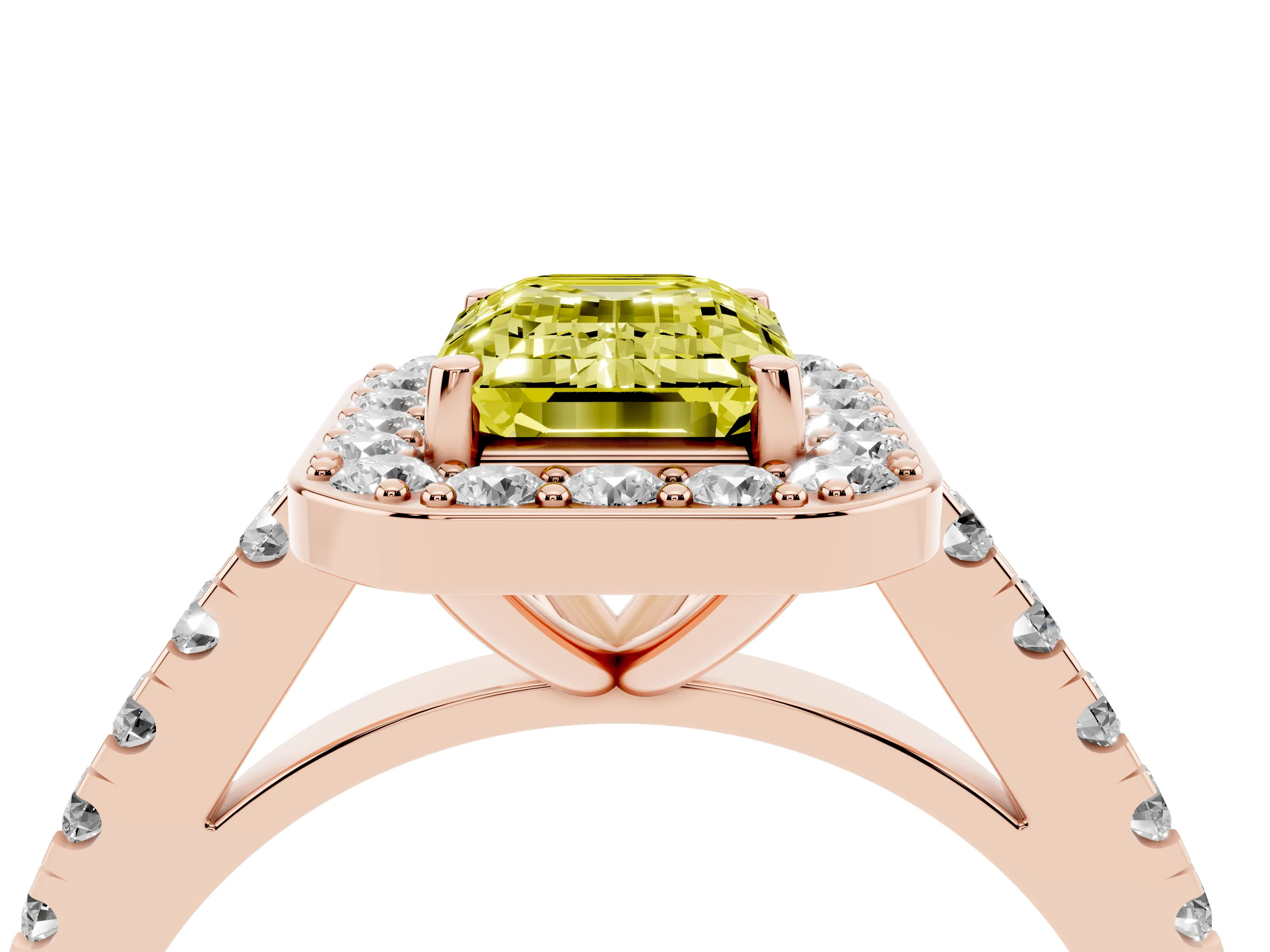 Fancy Yellow Emerald Cut Diamond Halo Ring Set in Rose gold with Round Pavé Split Shank and Prong Setting