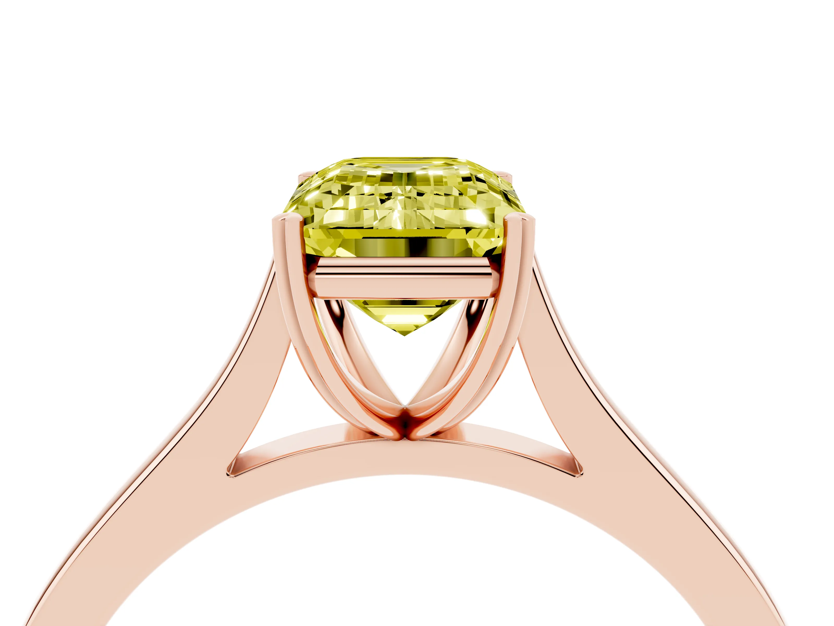 Fancy Yellow Emerald Cut Diamond Solitaire Heart Prong Engagement Ring Set in Rose gold with Tapered Band