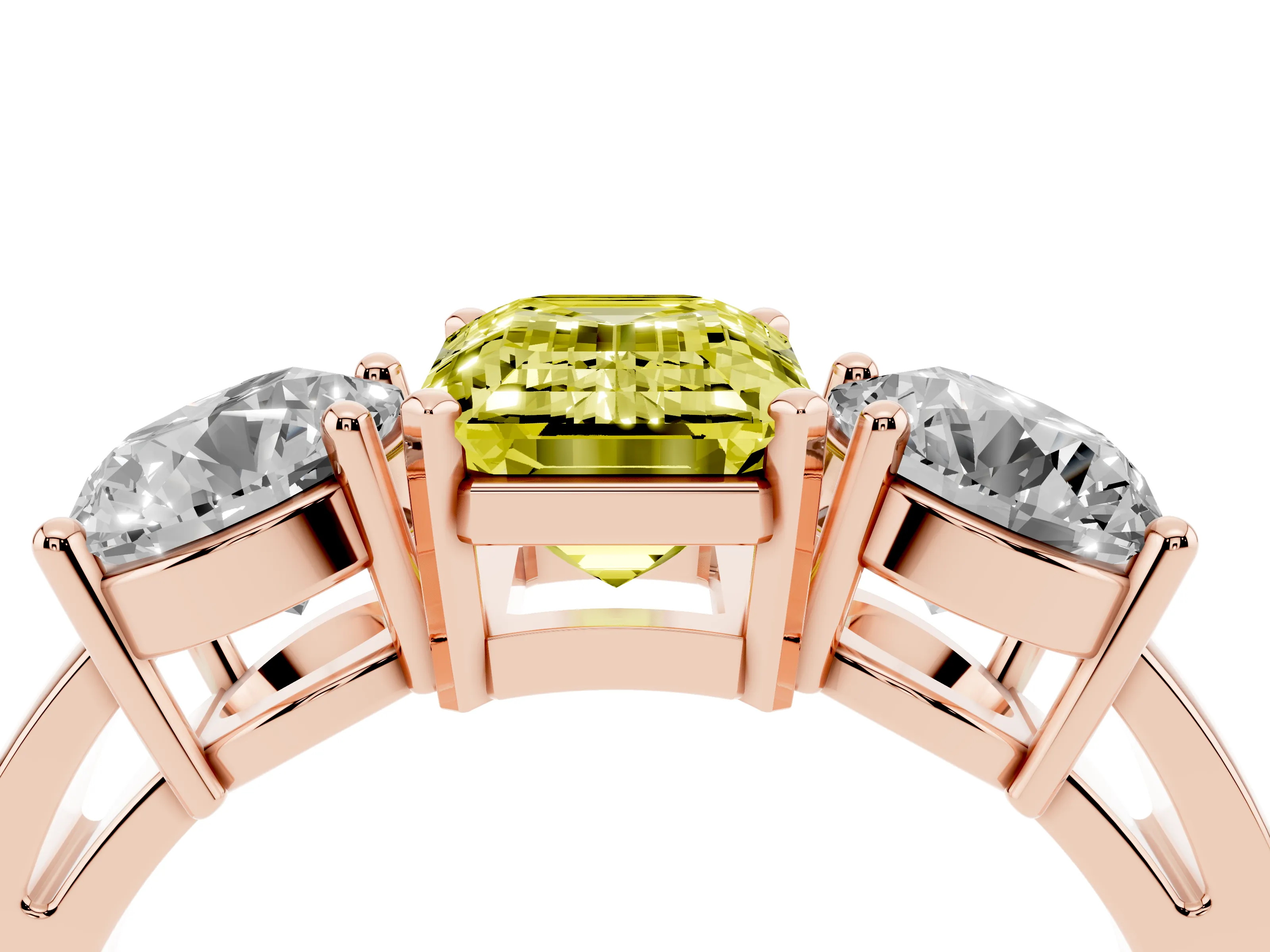Fancy Yellow Emerald Cut Diamond Three-Stone Ring Set in Rose gold with Round Side Stones and Classic Band