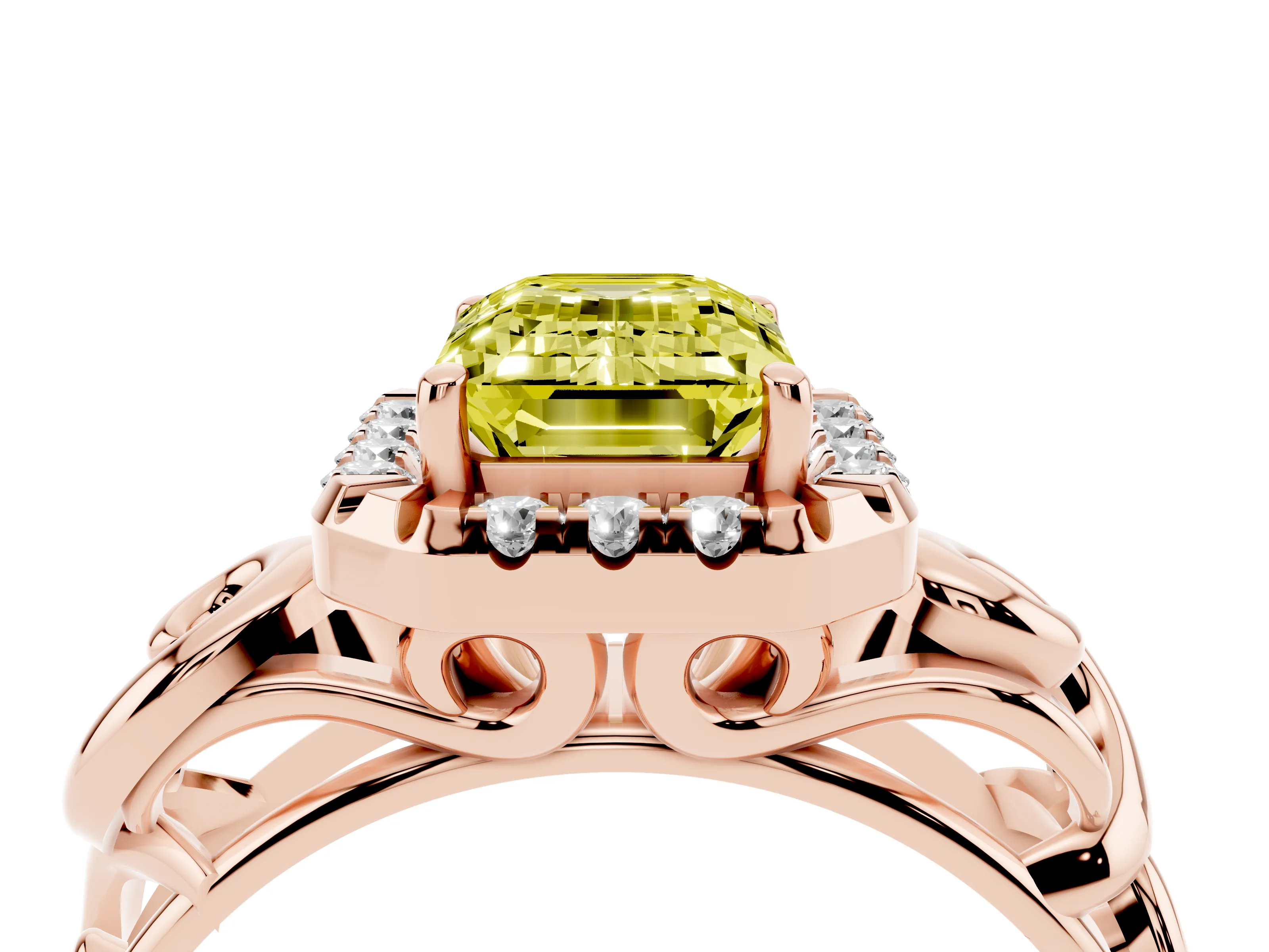 Fancy Yellow Emerald Cut Diamond Halo Ring Set in Rose gold with Scrollwork Band and Prong Setting