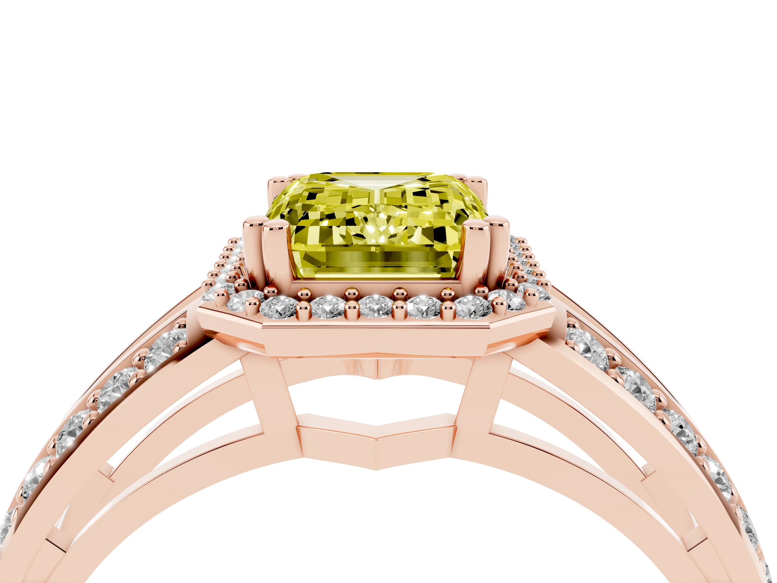 Fancy Yellow Emerald Cut Diamond Halo Ring Set in Rose gold with Double Pavé Split Shank