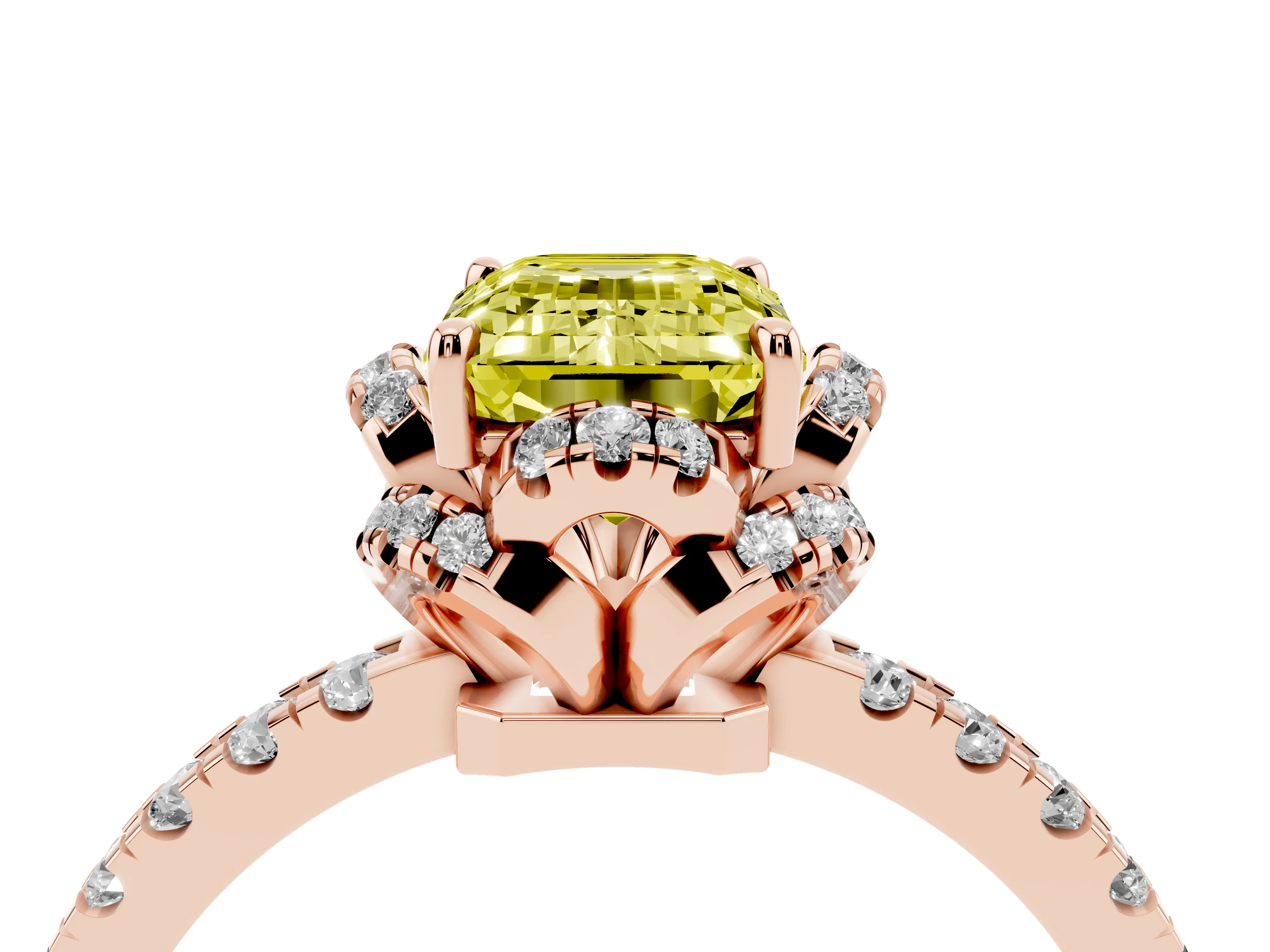Fancy Yellow Emerald Cut Diamond Halo Pavé Band Ring Set in Rose gold with Prong-Held Center