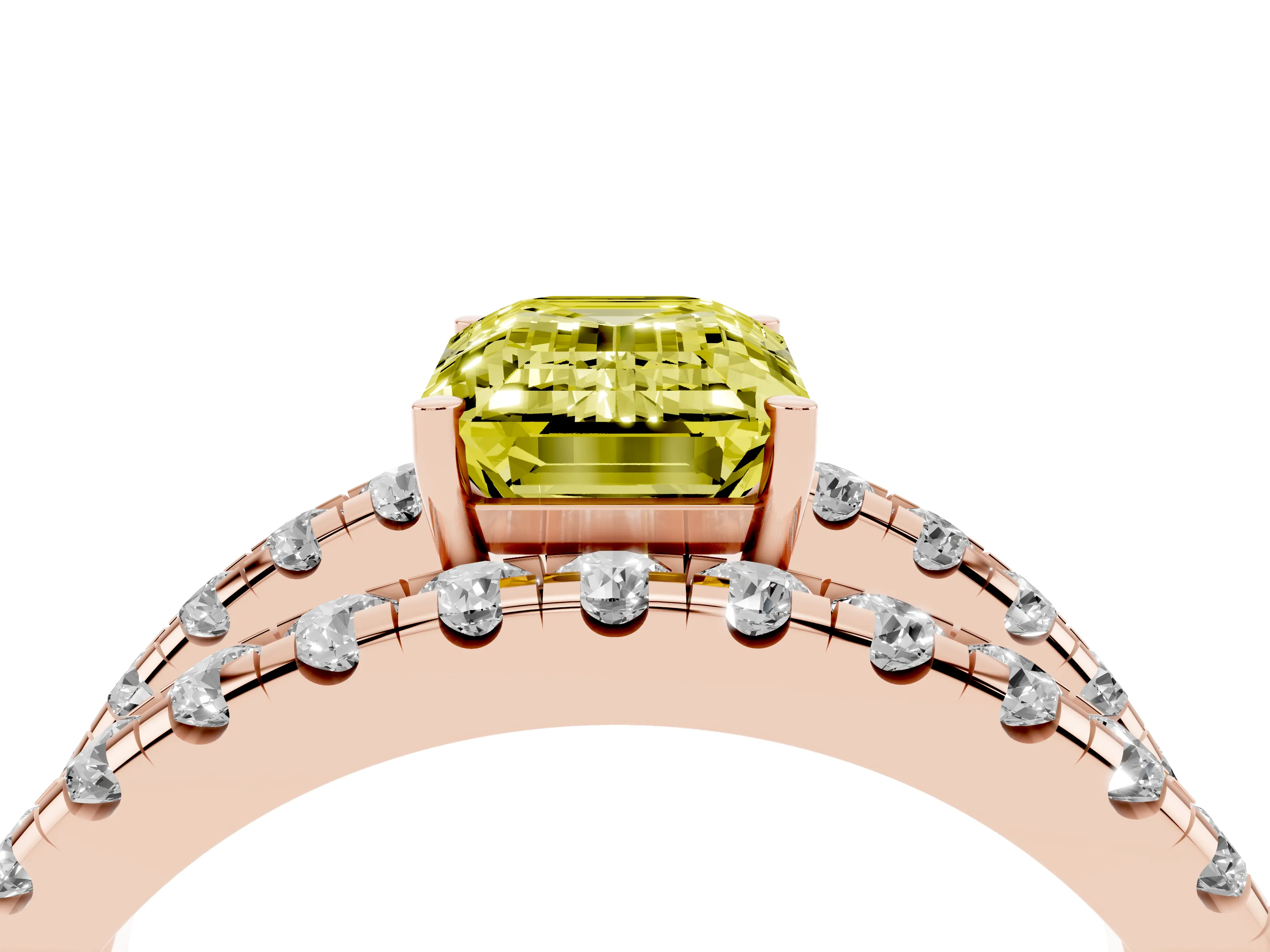 Fancy Yellow Emerald Cut Diamond Split Shank Pavé Solitaire Ring Set in Rose gold with Open Shank Design
