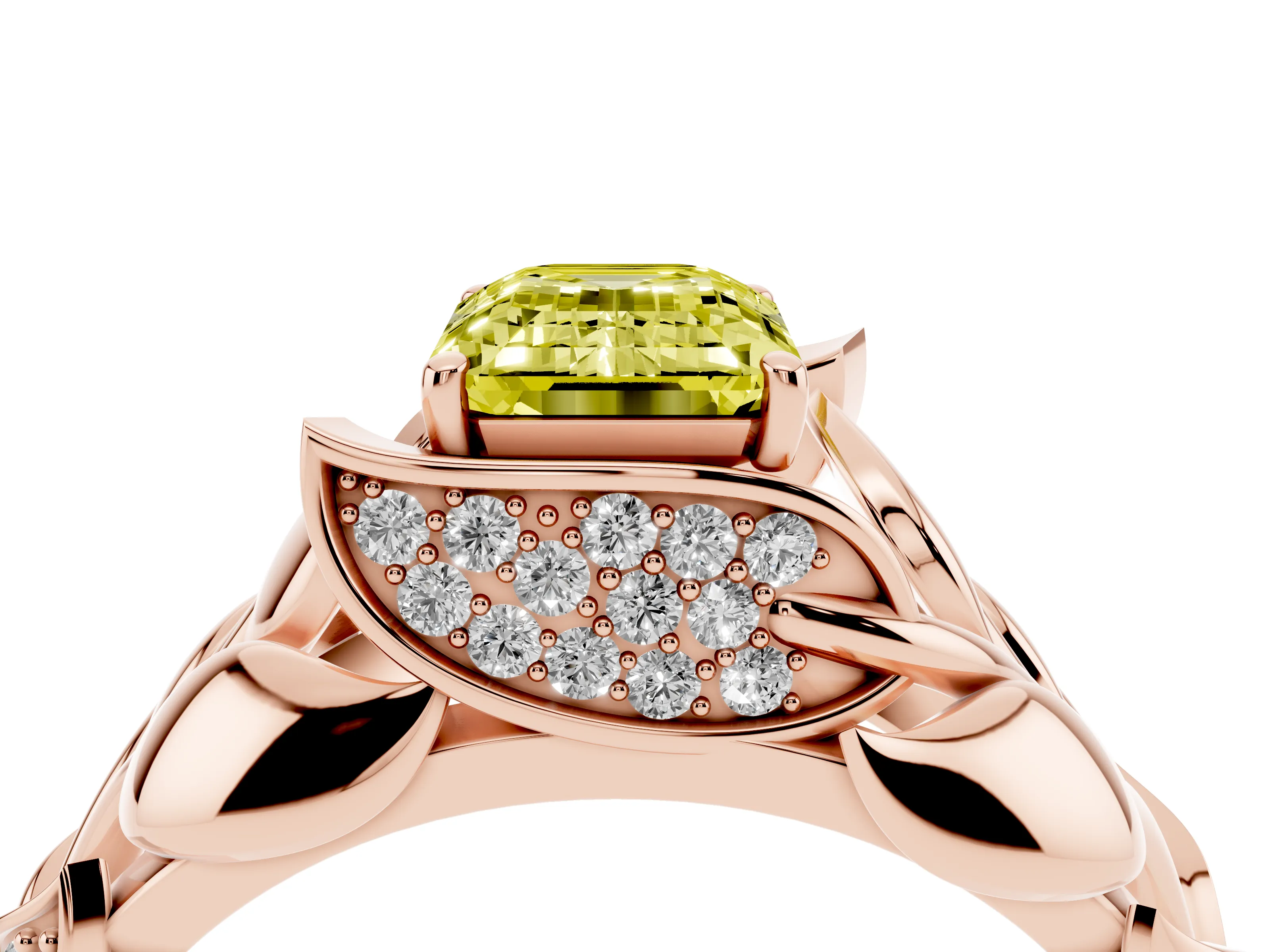 Fancy Yellow Emerald Cut Diamond Leaf-Inspired Engagement Ring Set in Rose gold with Round Accents