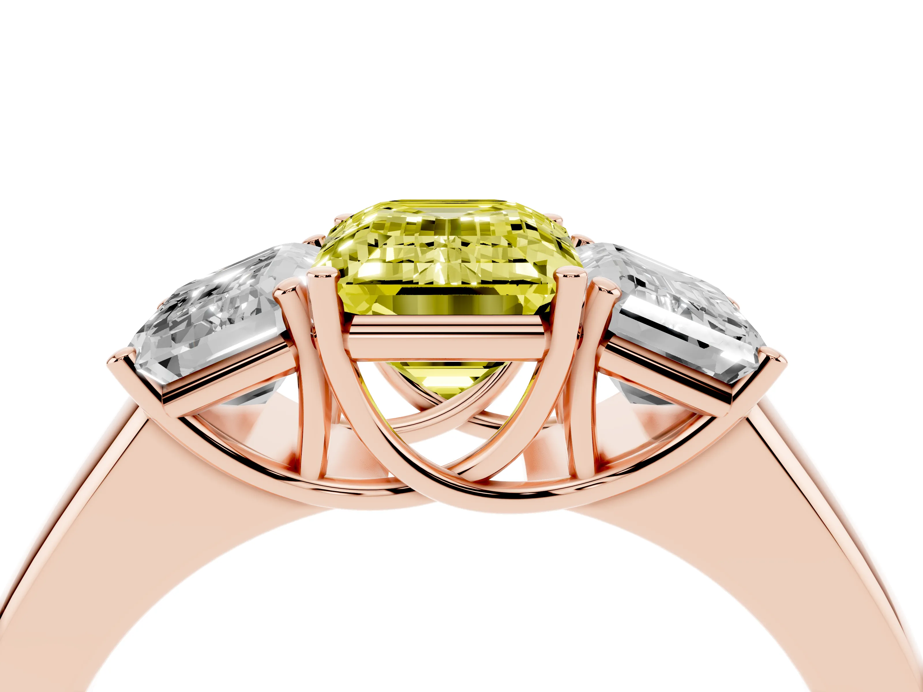 Fancy Yellow Three-Stone Emerald Cut Diamond Ring Set in Rose gold with Matching Prong Settings and Plain Band