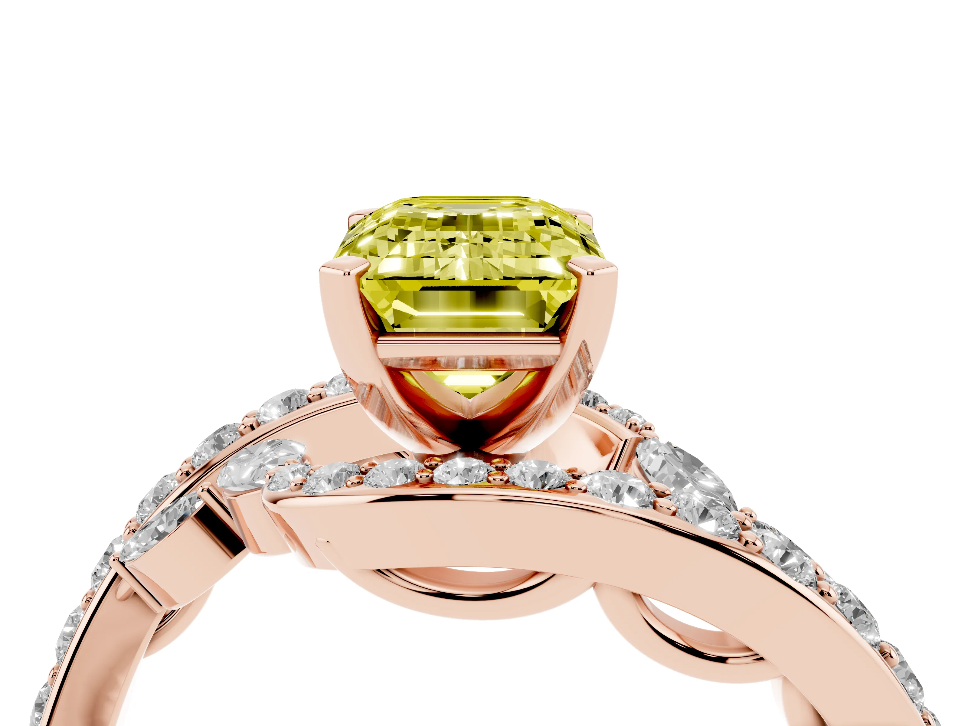 Fancy Yellow Emerald Cut Diamond Solitaire Ring Set in Rose gold with Pavé Twist Band and Secure Prong Setting