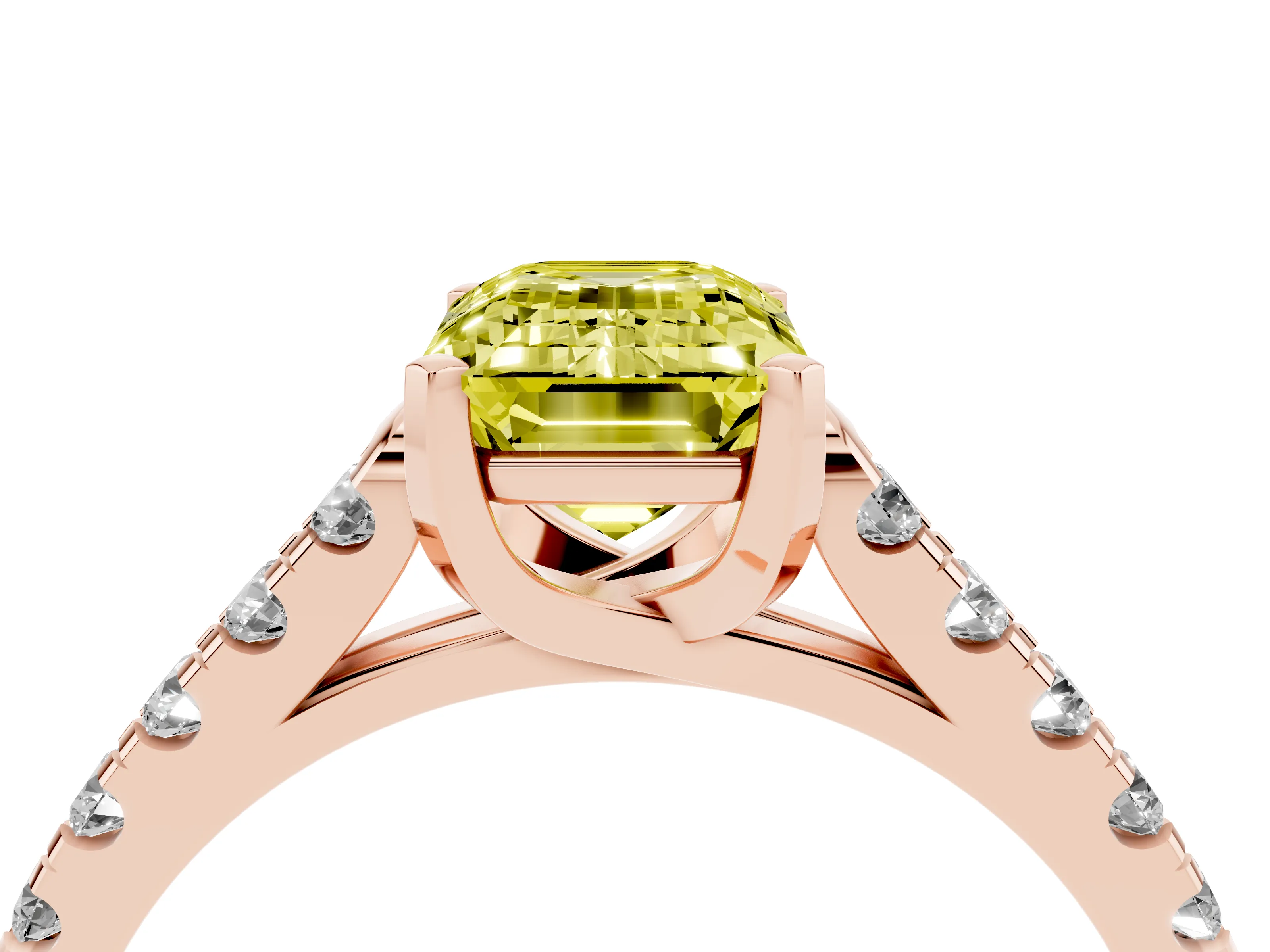 Fancy Yellow Emerald Cut Diamond Pavé Band Solitaire Ring Set in Rose gold with Partway Accent Stones and Prong Setting