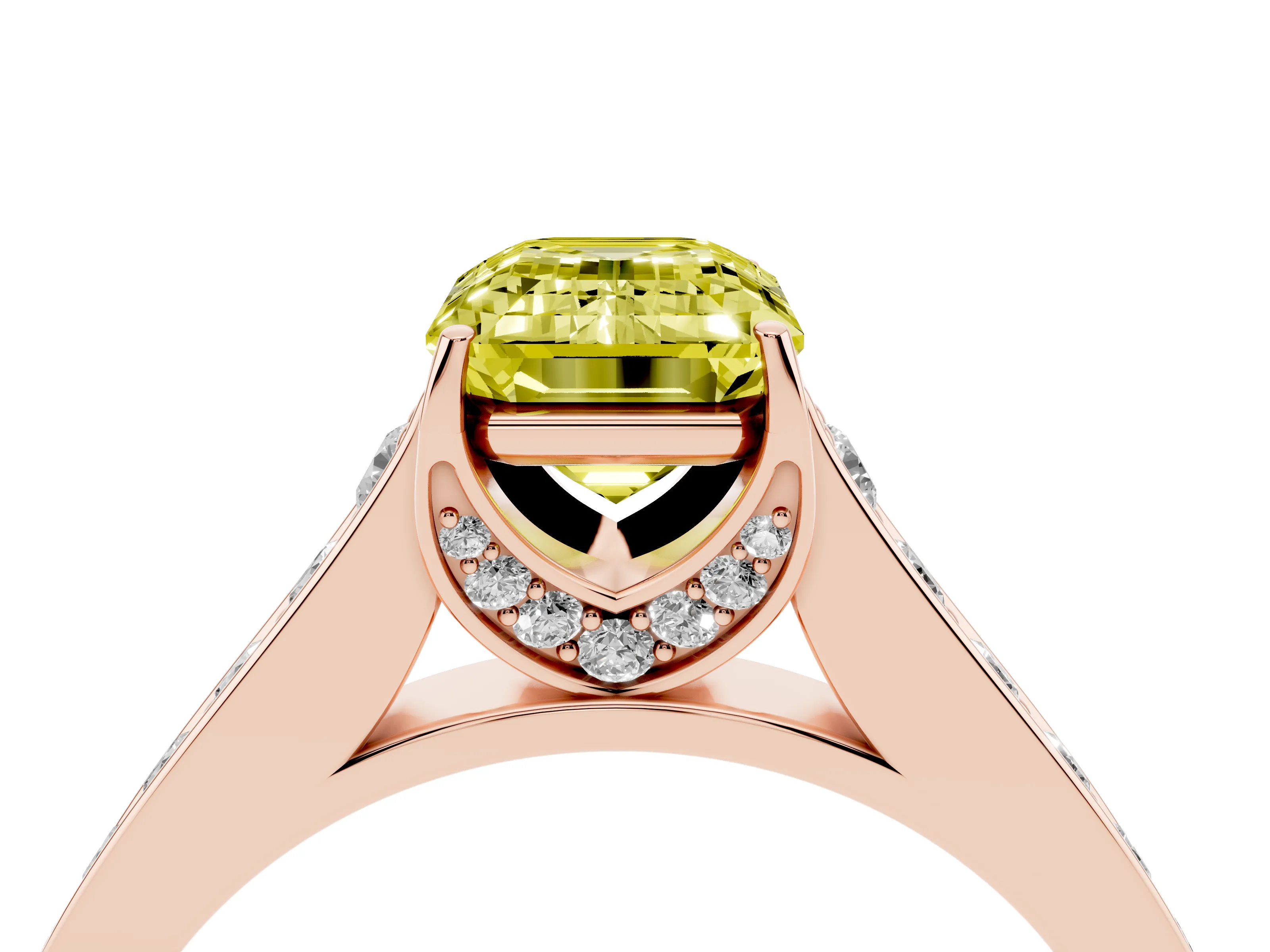 Fancy Yellow Emerald Cut Diamond Solitaire Pavé Engagement Ring Set in Rose gold with Prong Setting