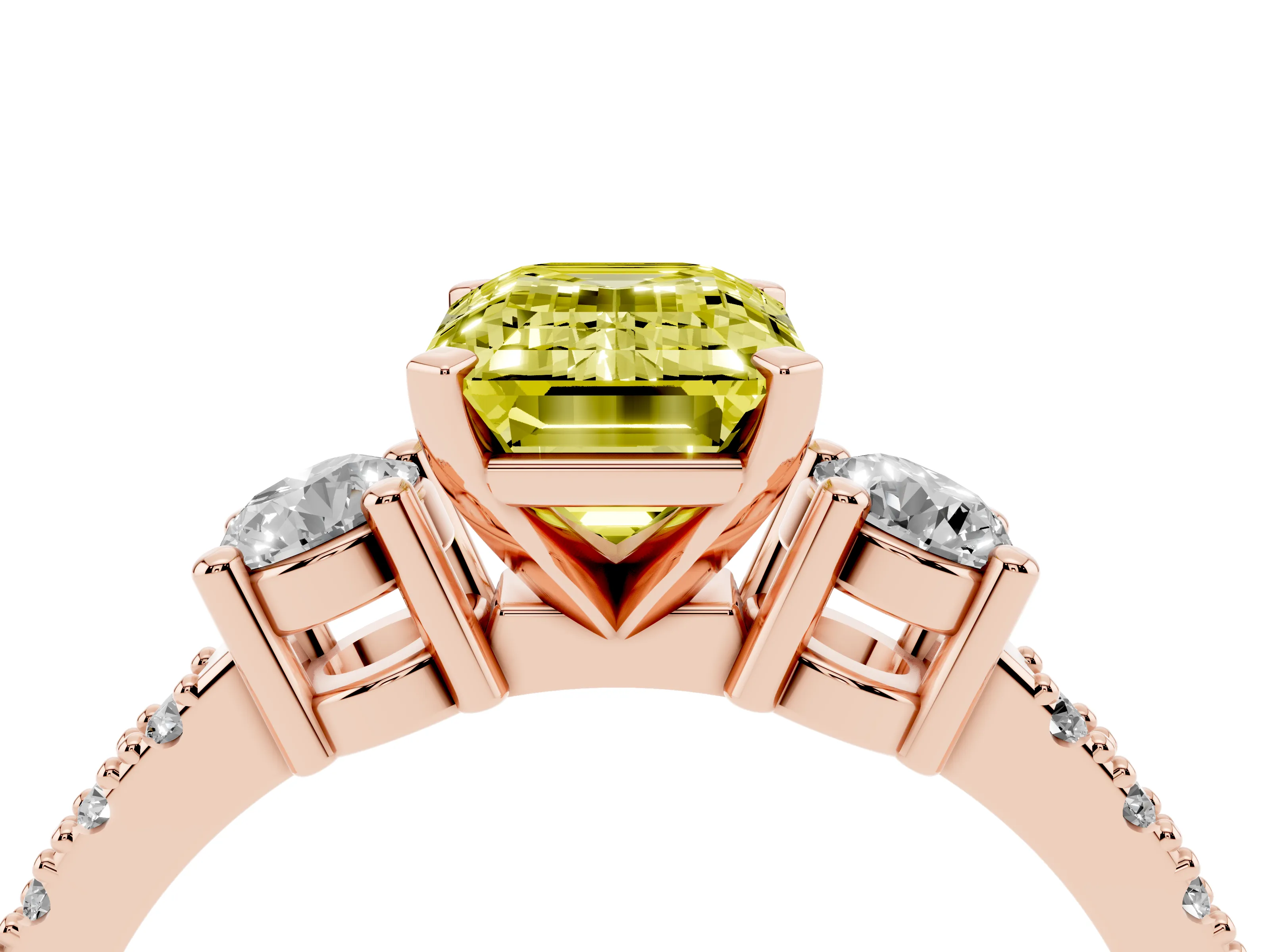 Fancy Yellow Three-Stone Emerald Cut Diamond Pavé Band Ring Set in Rose gold with Prong Setting