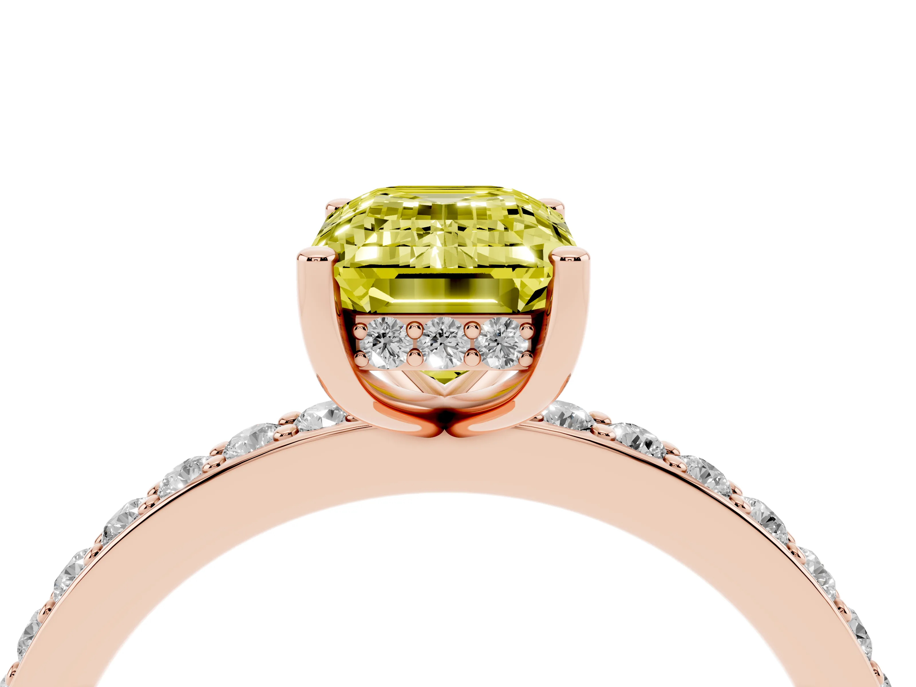 Fancy Yellow Emerald Cut Diamond Pavé Band Ring Set in Rose gold with Prong-Set Center Stone