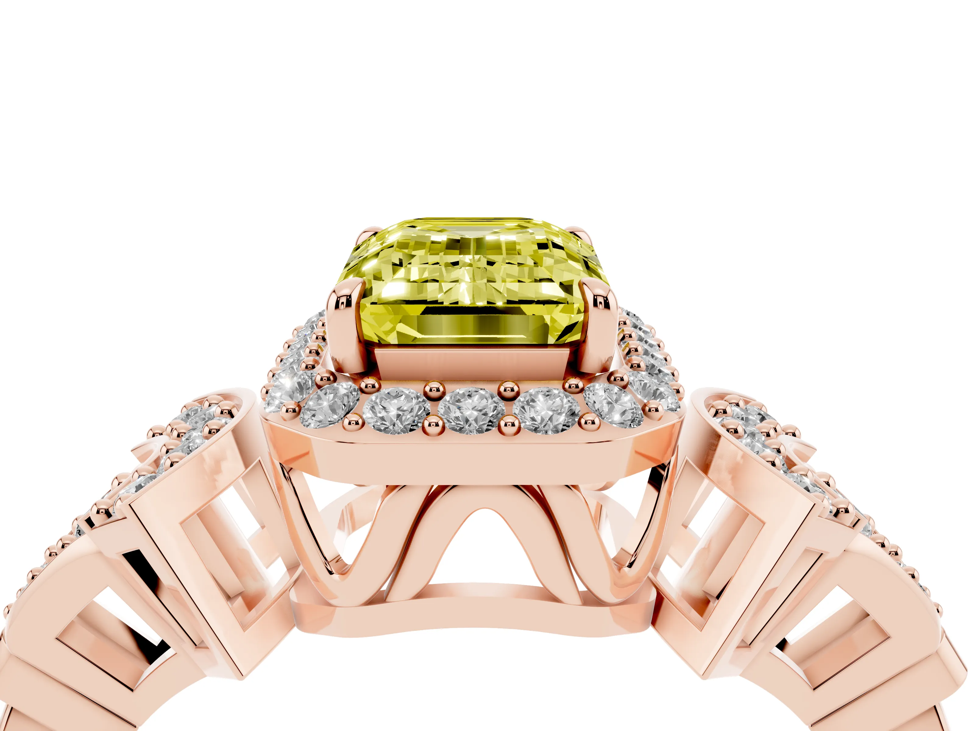Fancy Yellow Emerald Cut Diamond Halo Engagement Ring Set in Rose gold with Accent Stone Split Shank
