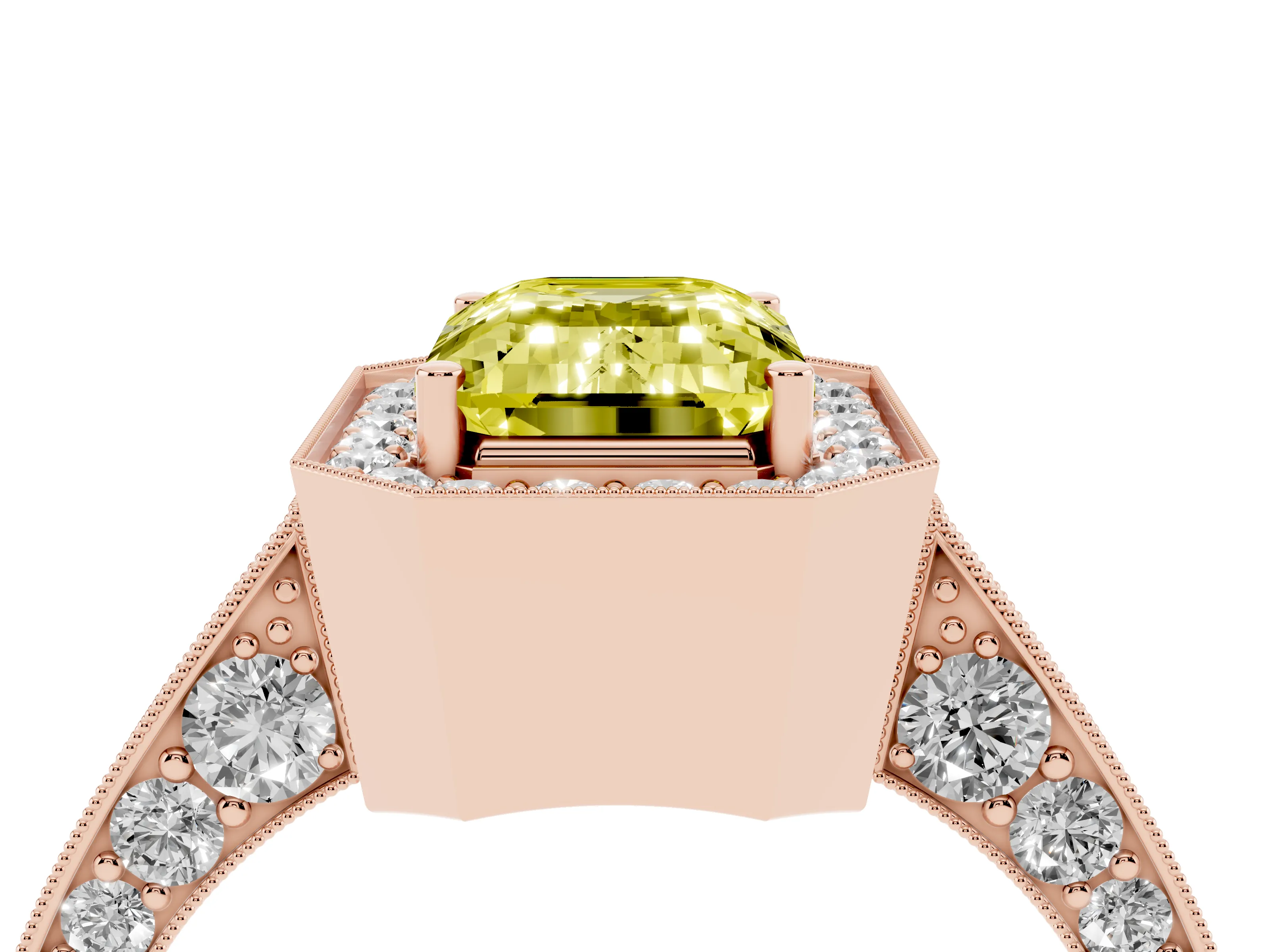 Fancy Yellow Emerald Cut Diamond Halo Engagement Ring Set in Rose gold with Accent Split Shank Band