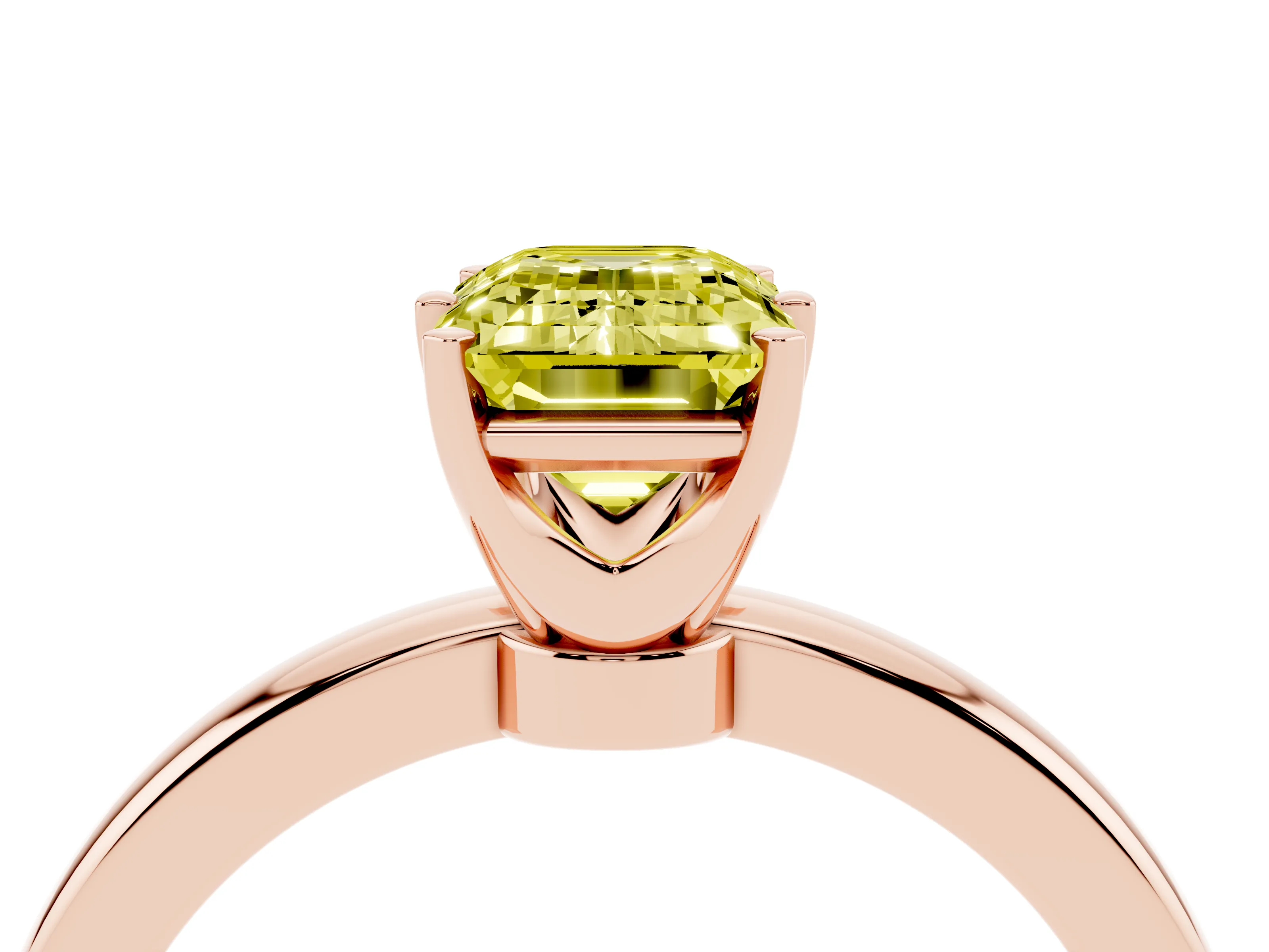 Fancy Yellow Emerald Cut Diamond Solitaire Ring Set in Rose gold with Raised Prong Setting on a Classic Band